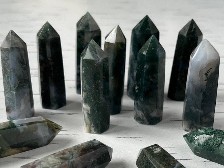 1 (one) Beautiful Moss Agate Small Tower approx. 2 inches, Intuitively Chosen for you.