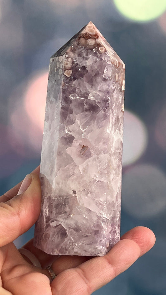 Incredible AAA+ Amethyst and Pink Flower Agate Tower 5 inches tall and weighs 14.5 ounces (AFA-1)