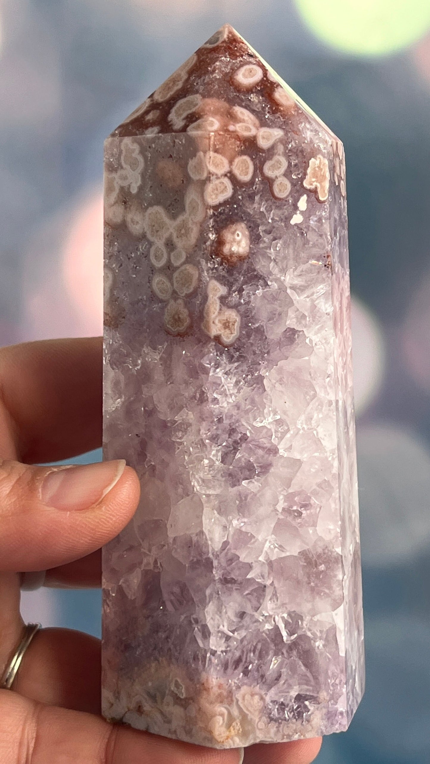 Incredible AAA+ Amethyst and Pink Flower Agate Tower 5 inches tall and weighs 14.5 ounces (AFA-1)