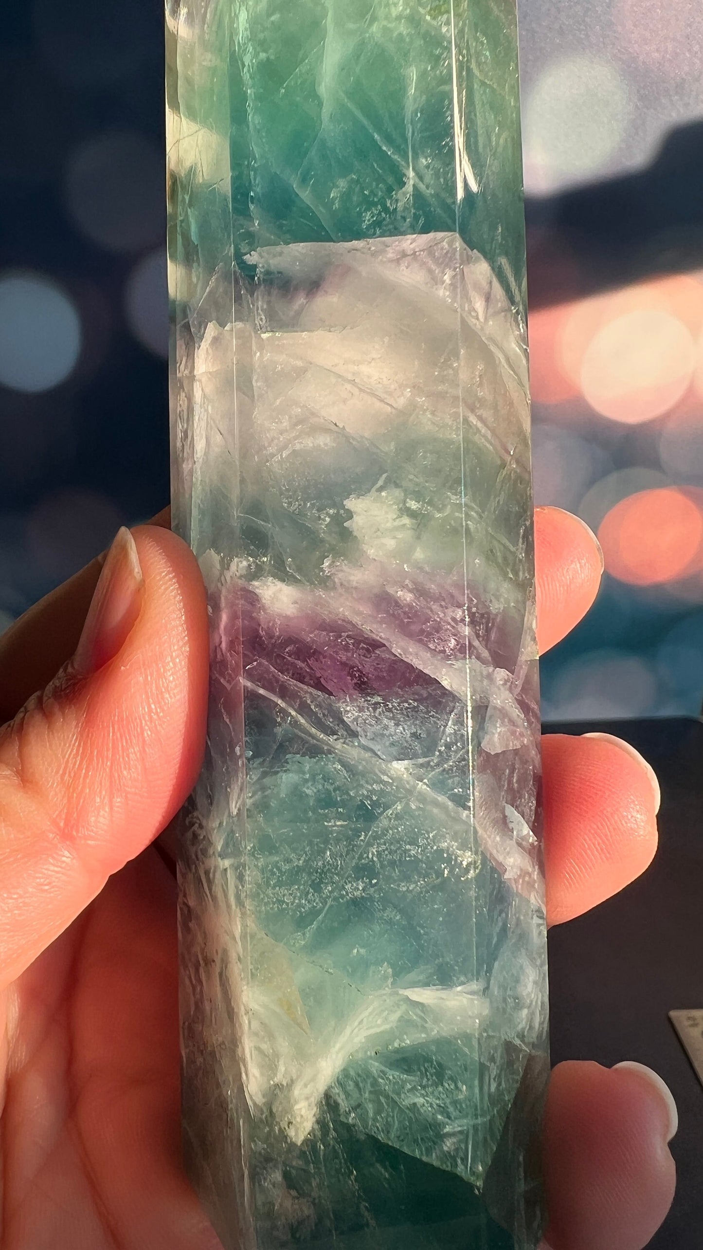 Stunning Rainbow Fluorite with snowflake/feather pattern stands 6 1/2 inches tall weighs approx 1 pound