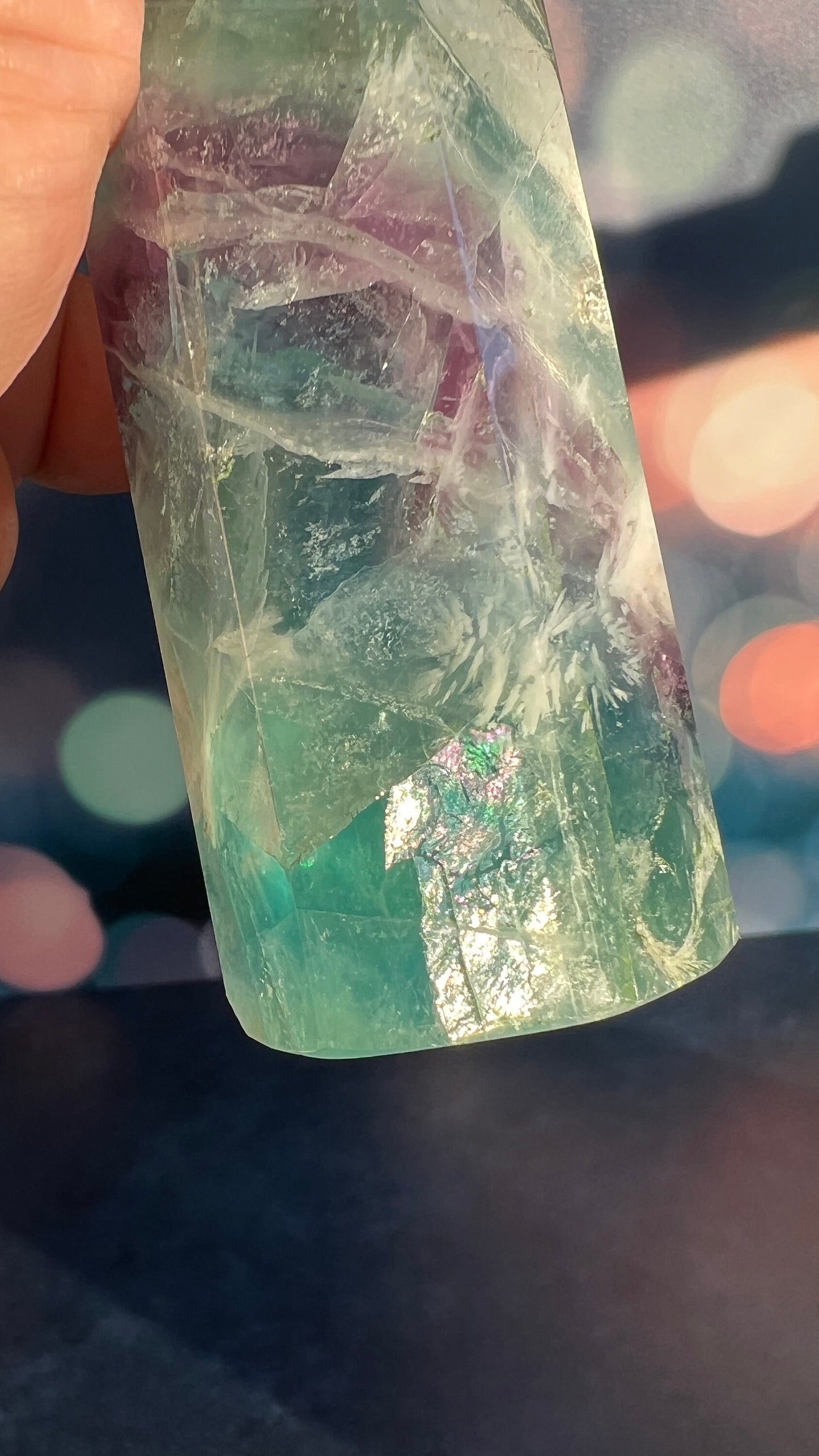 Stunning Rainbow Fluorite with snowflake/feather pattern stands 6 1/2 inches tall weighs approx 1 pound