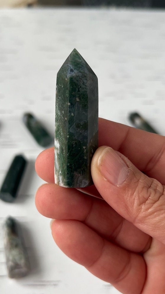 1 (one) Beautiful Moss Agate Small Tower approx. 2 inches, Intuitively Chosen for you.