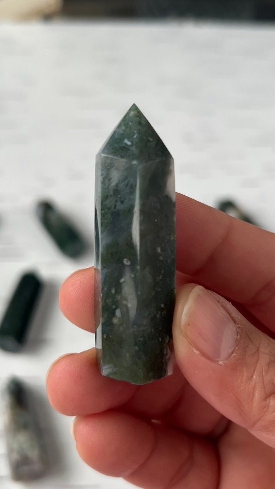 1 (one) Beautiful Moss Agate Small Tower approx. 2 inches, Intuitively Chosen for you.