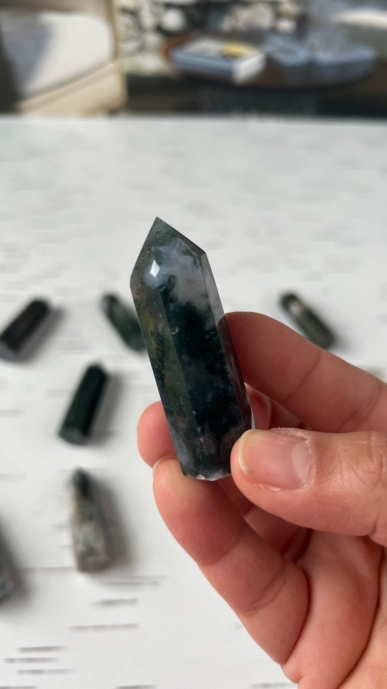 1 (one) Beautiful Moss Agate Small Tower approx. 2 inches, Intuitively Chosen for you.