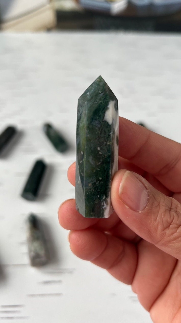 1 (one) Beautiful Moss Agate Small Tower approx. 2 inches, Intuitively Chosen for you.