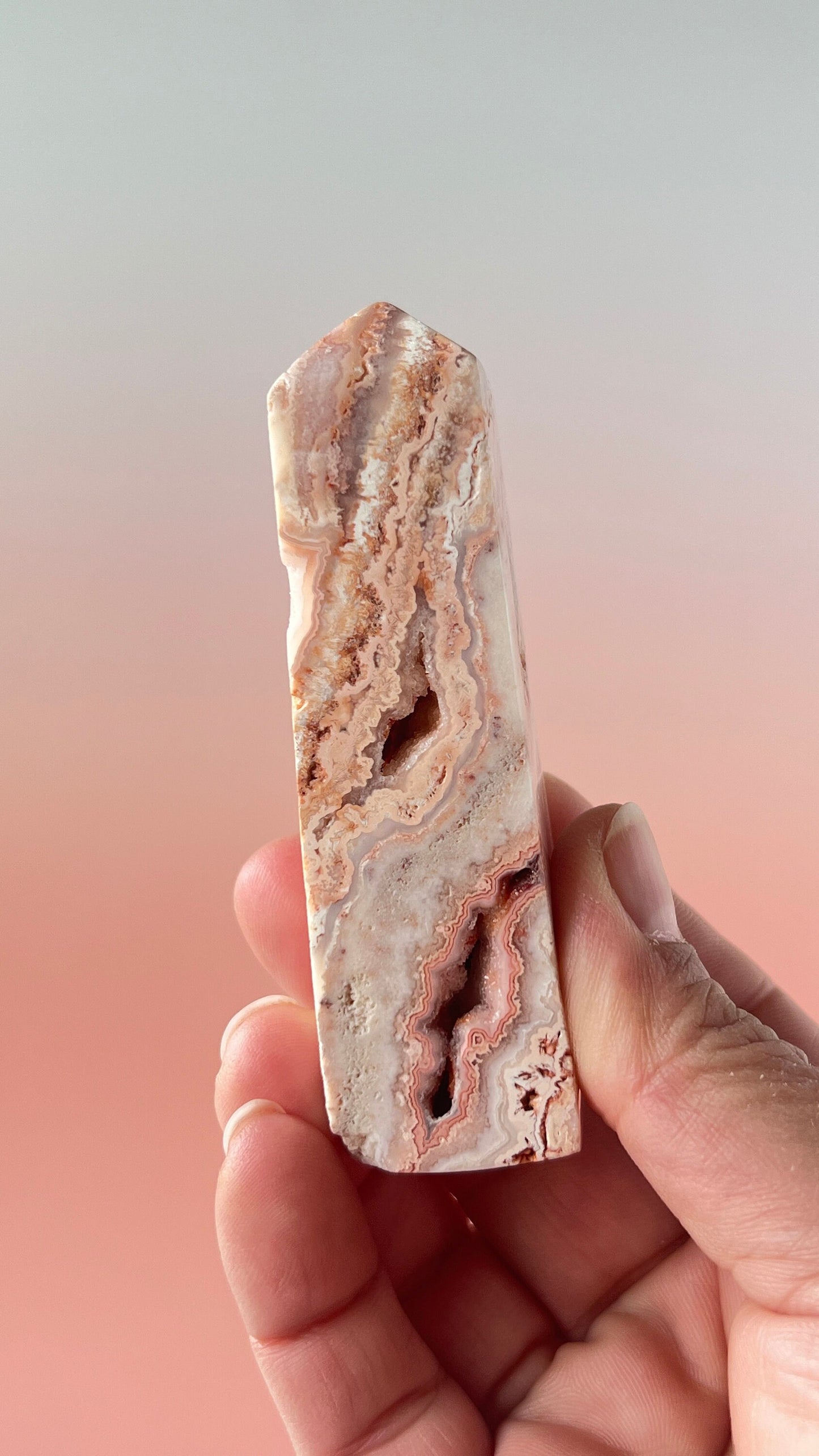 Pink Lace Agate Natural Stone Tower aprox 3 1/2 inches tall weighs 3.7 oz. with stunning druzy