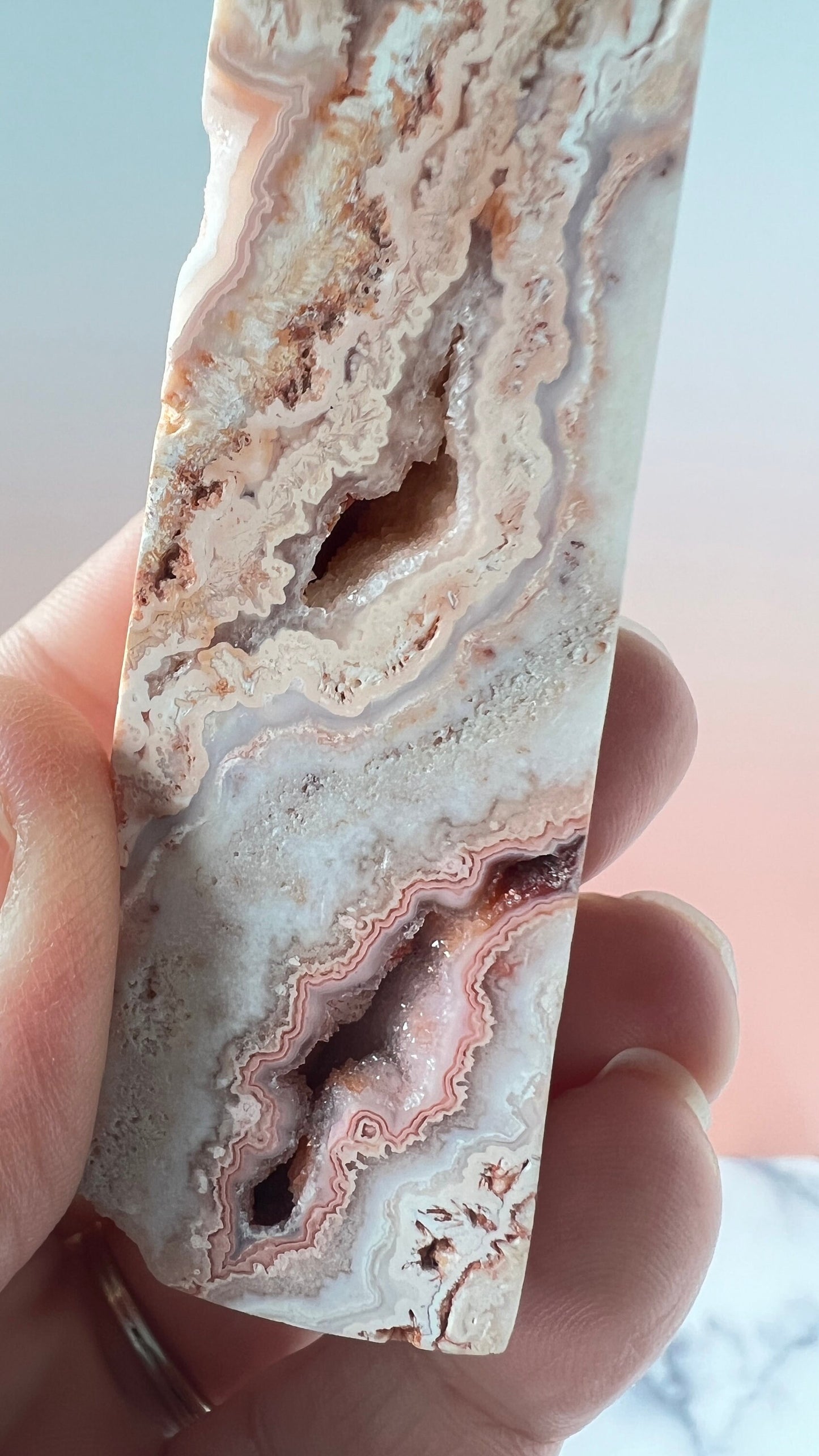 Pink Lace Agate Natural Stone Tower aprox 3 1/2 inches tall weighs 3.7 oz. with stunning druzy