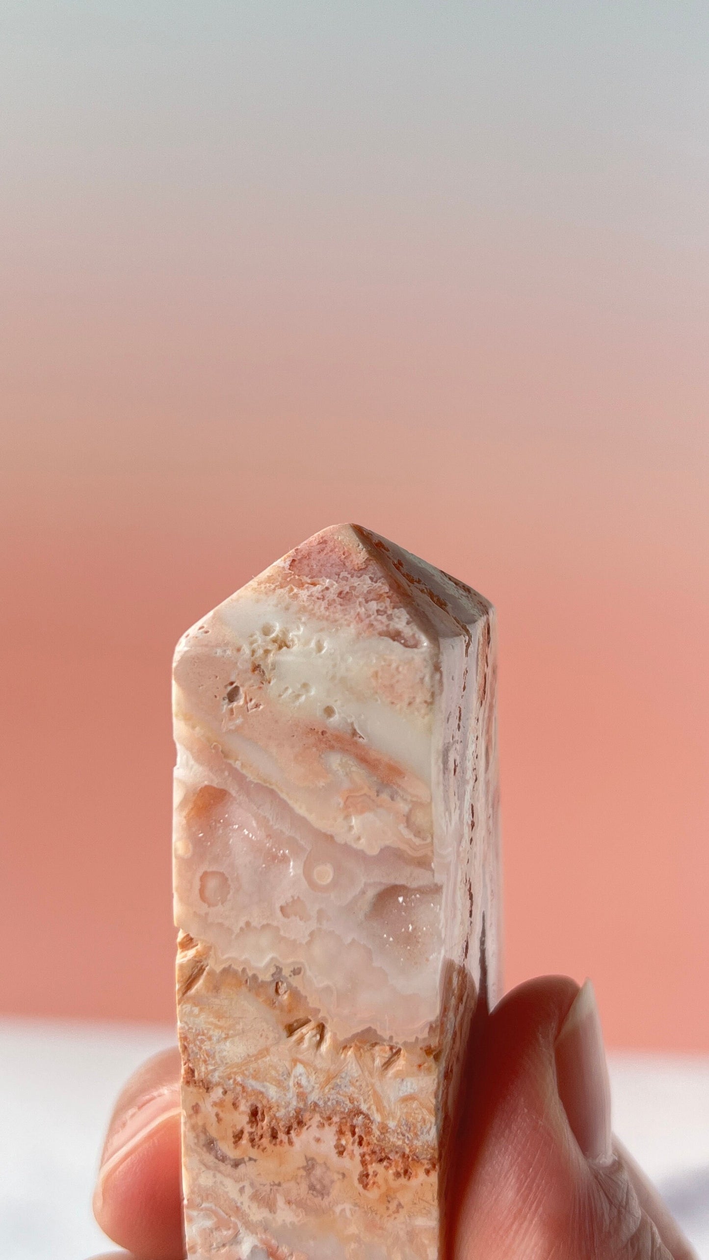 Pink Lace Agate Natural Stone Tower aprox 3 1/2 inches tall weighs 3.7 oz. with stunning druzy