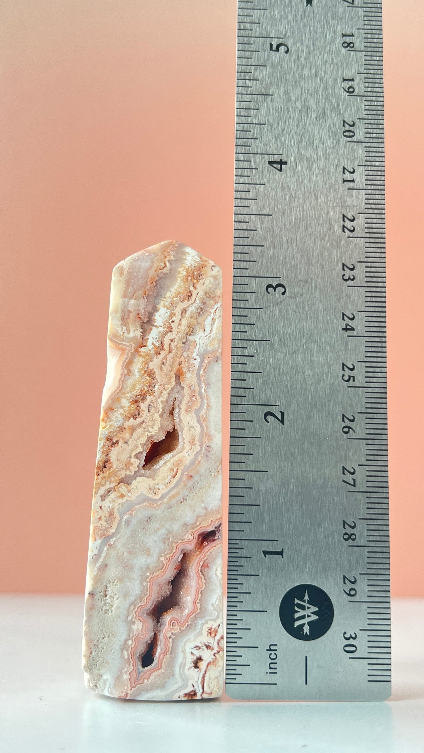 Pink Lace Agate Natural Stone Tower aprox 3 1/2 inches tall weighs 3.7 oz. with stunning druzy
