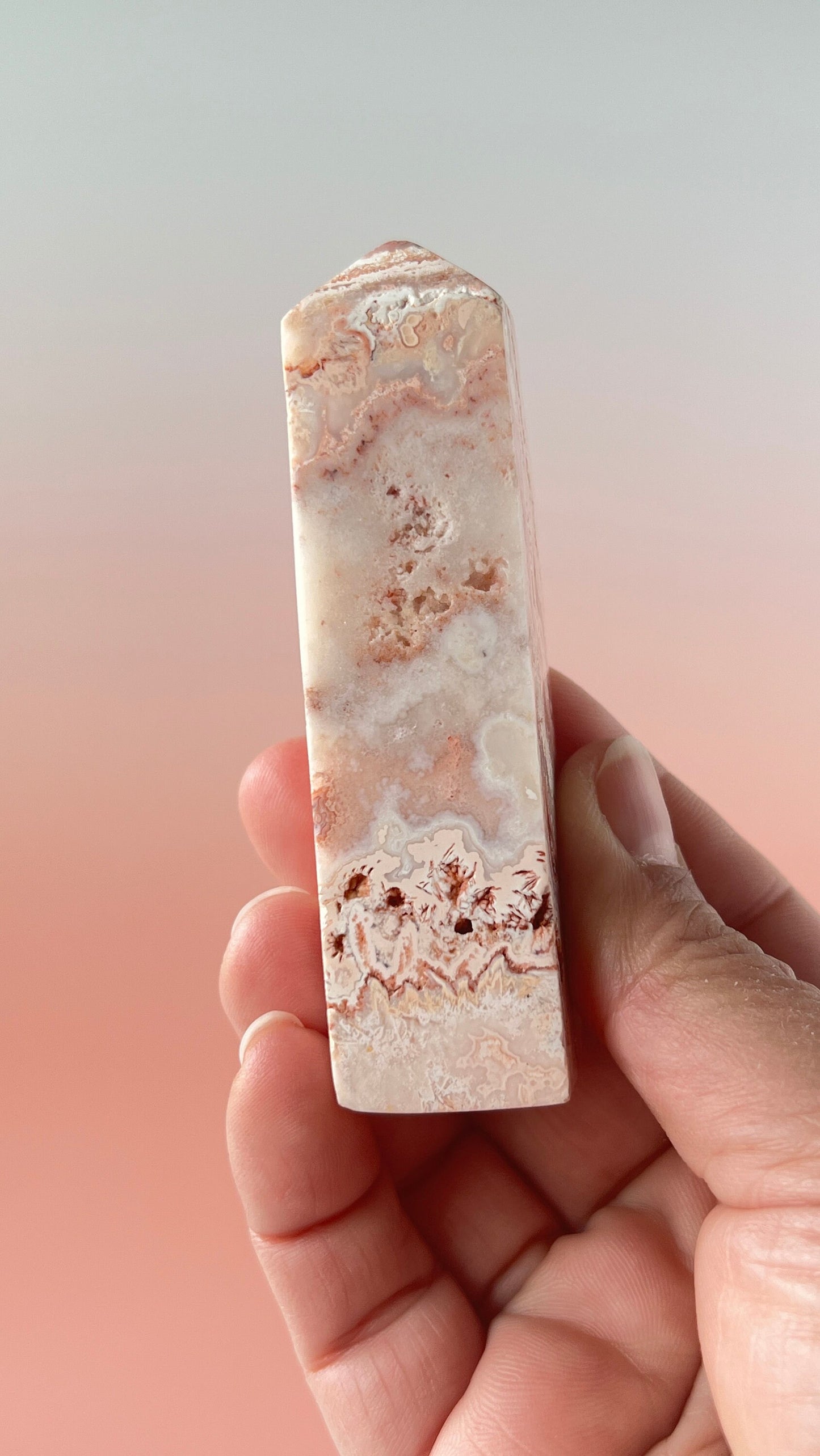 Pink Lace Agate Natural Stone Tower aprox 3 1/2 inches tall weighs 3.7 oz. with stunning druzy