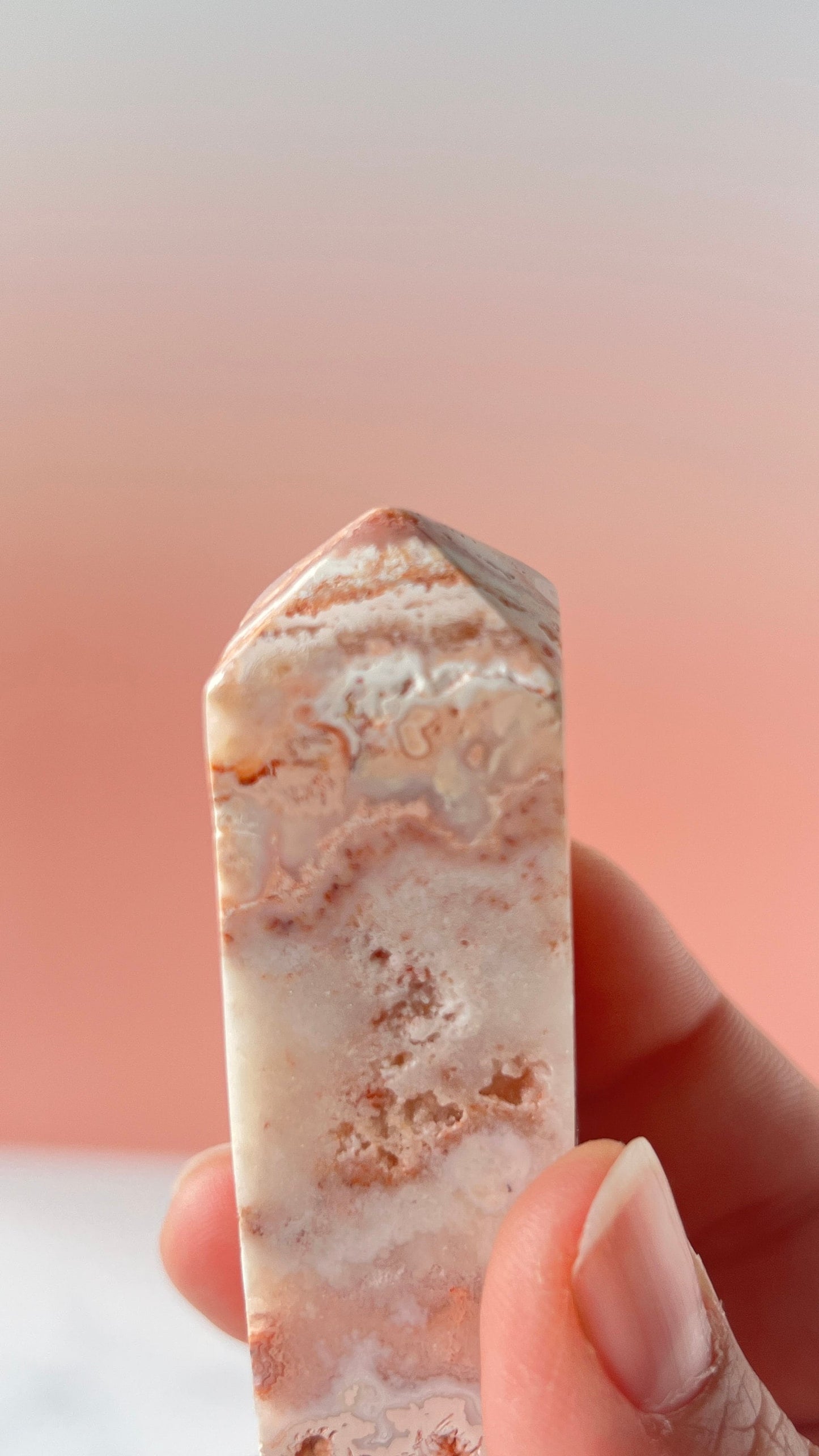 Pink Lace Agate Natural Stone Tower aprox 3 1/2 inches tall weighs 3.7 oz. with stunning druzy