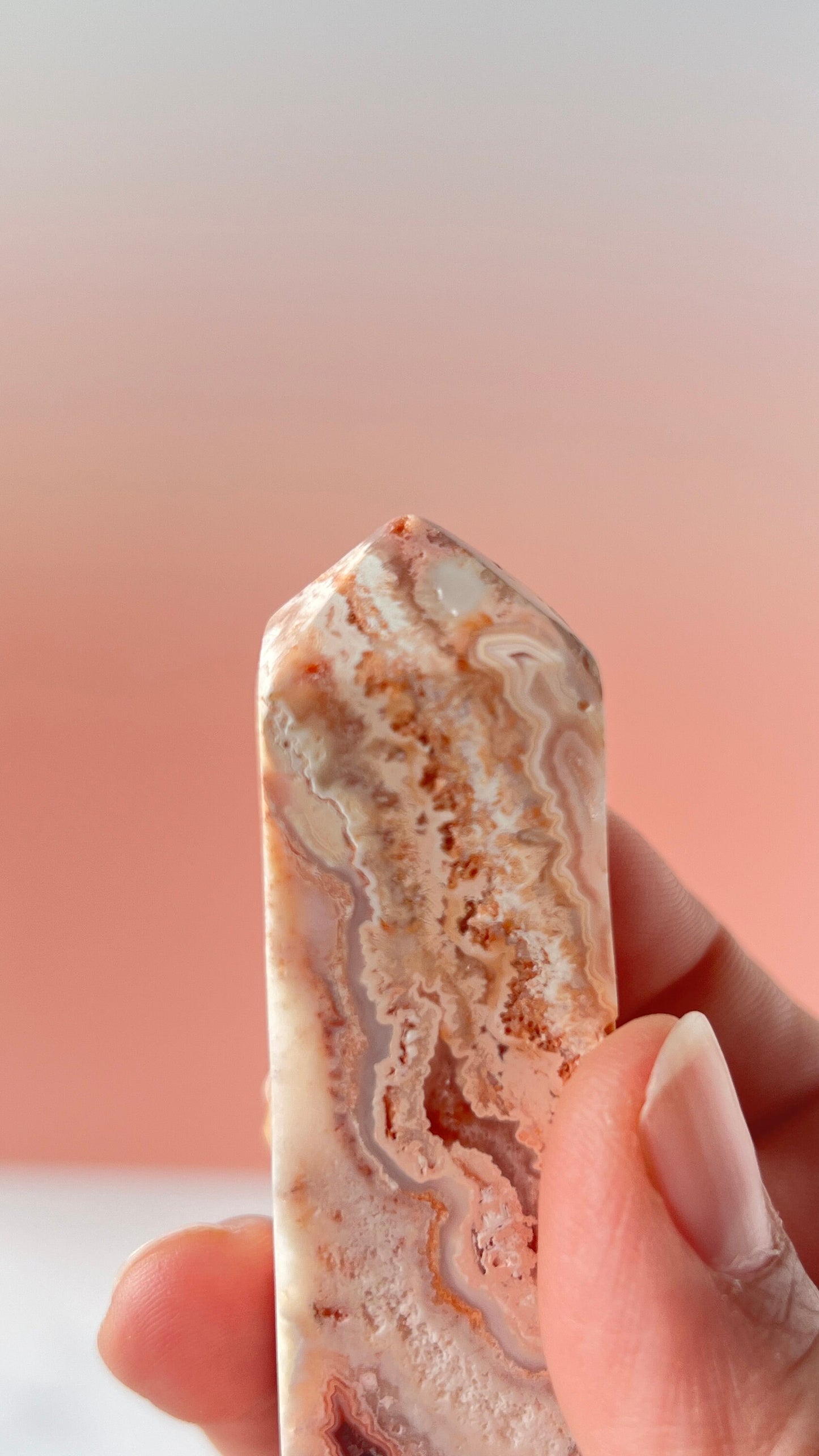 Pink Lace Agate Natural Stone Tower aprox 3 1/2 inches tall weighs 3.7 oz. with stunning druzy