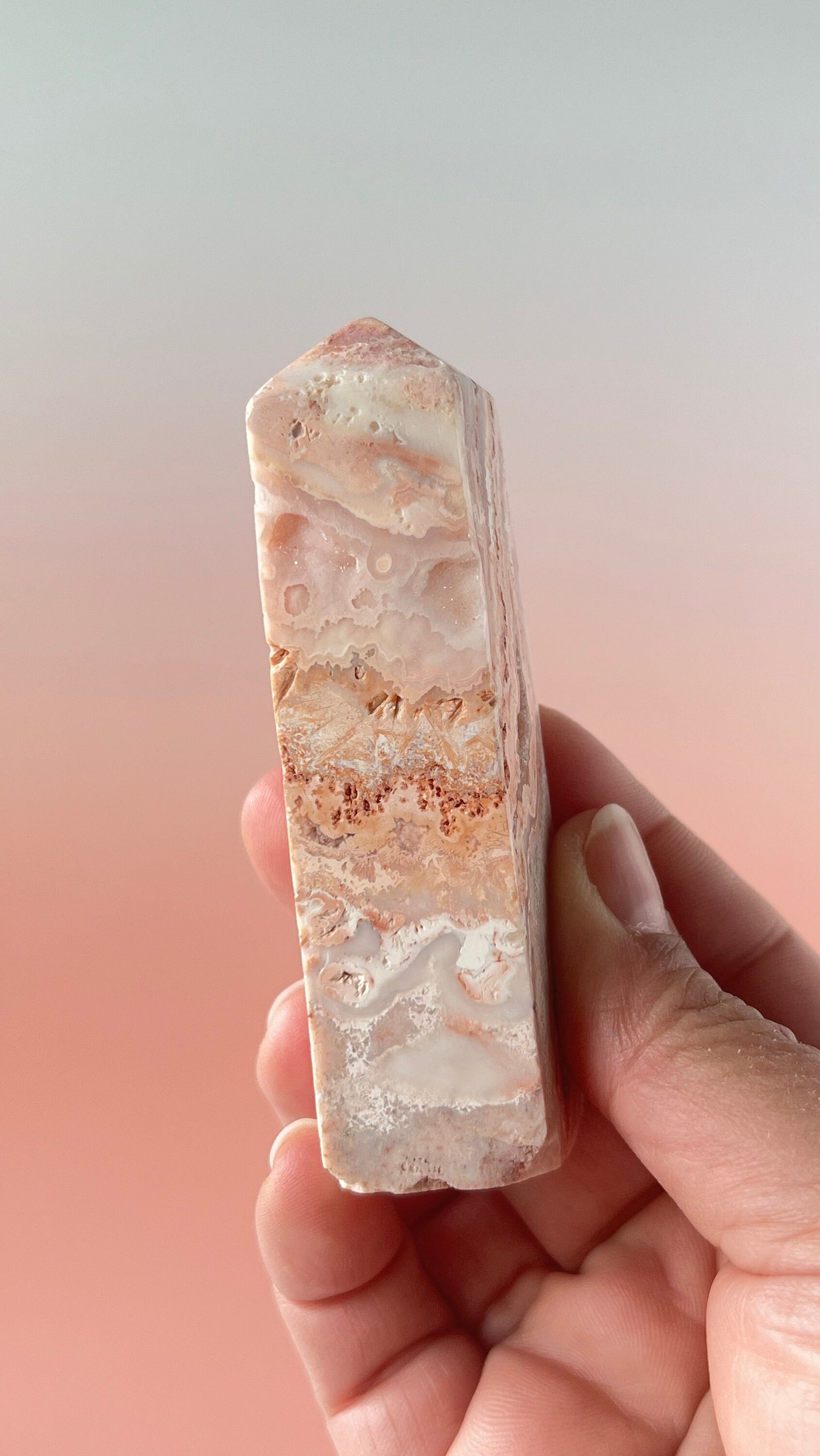 Pink Lace Agate Natural Stone Tower aprox 3 1/2 inches tall weighs 3.7 oz. with stunning druzy