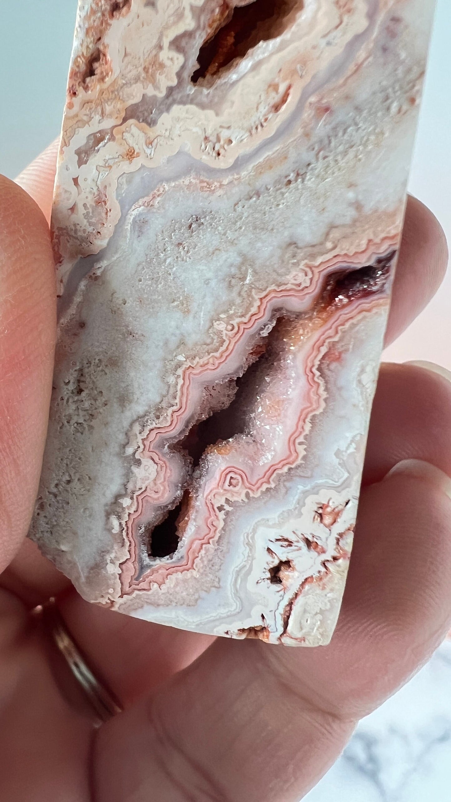 Pink Lace Agate Natural Stone Tower aprox 3 1/2 inches tall weighs 3.7 oz. with stunning druzy