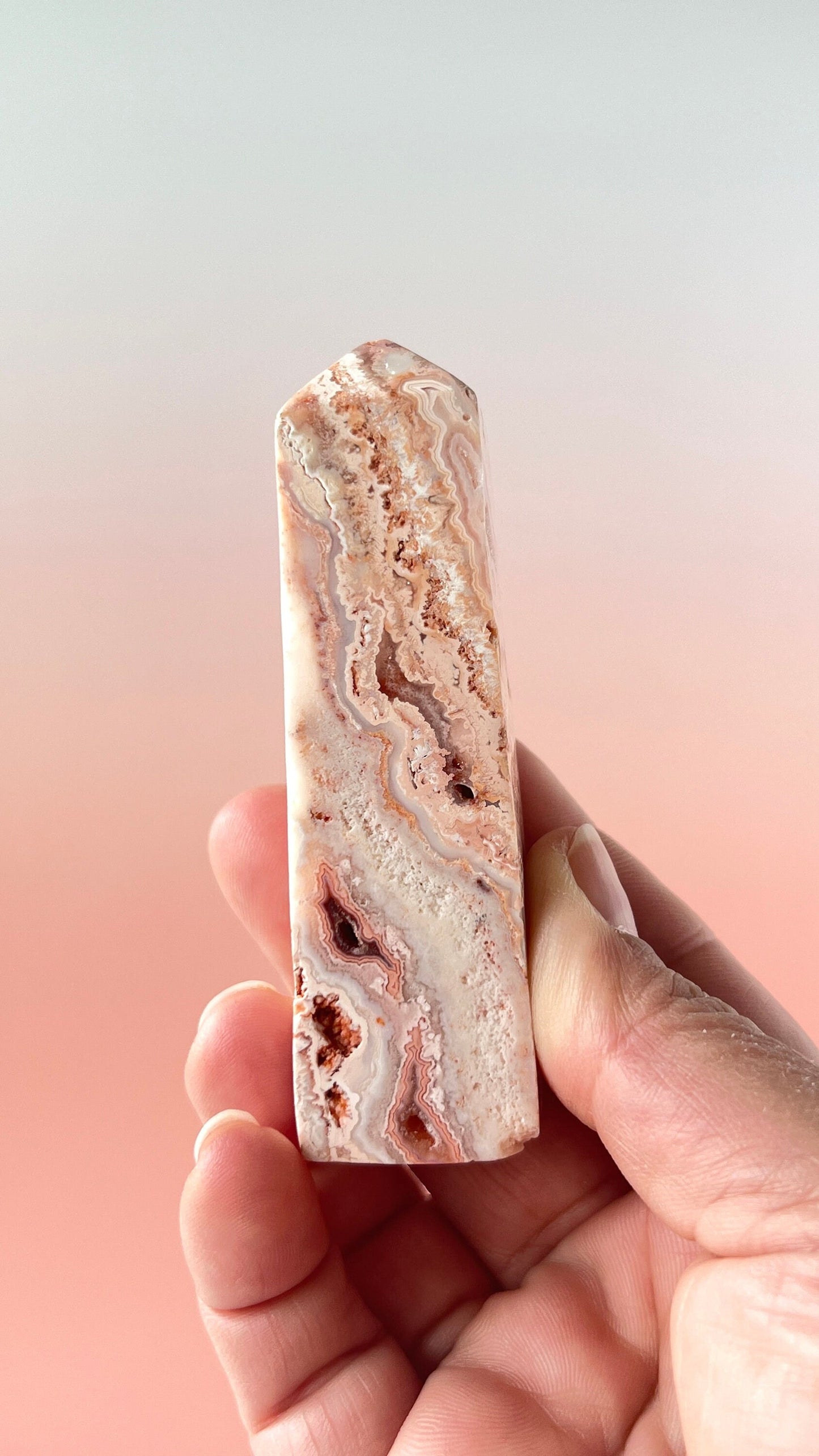 Pink Lace Agate Natural Stone Tower aprox 3 1/2 inches tall weighs 3.7 oz. with stunning druzy