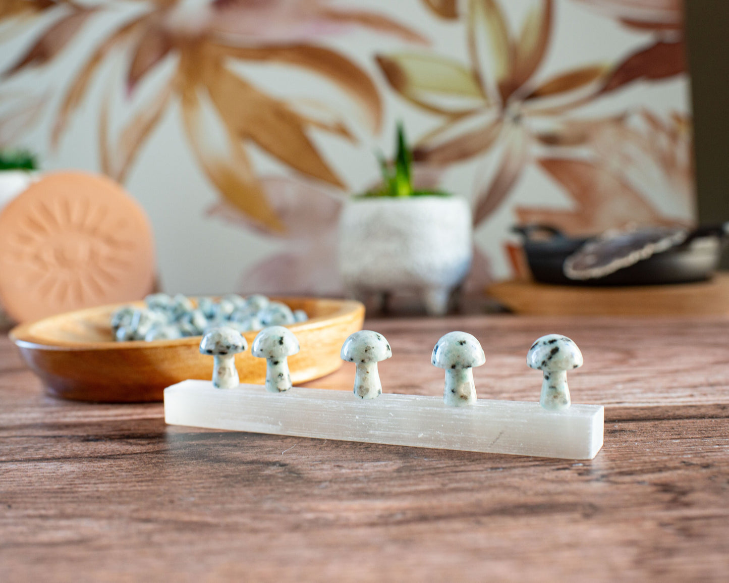 Kiwi Jasper Mini Mushroom - 20mm Tall. One (1) intuitively chosen for you. Perfect for the fungi lover in your life.