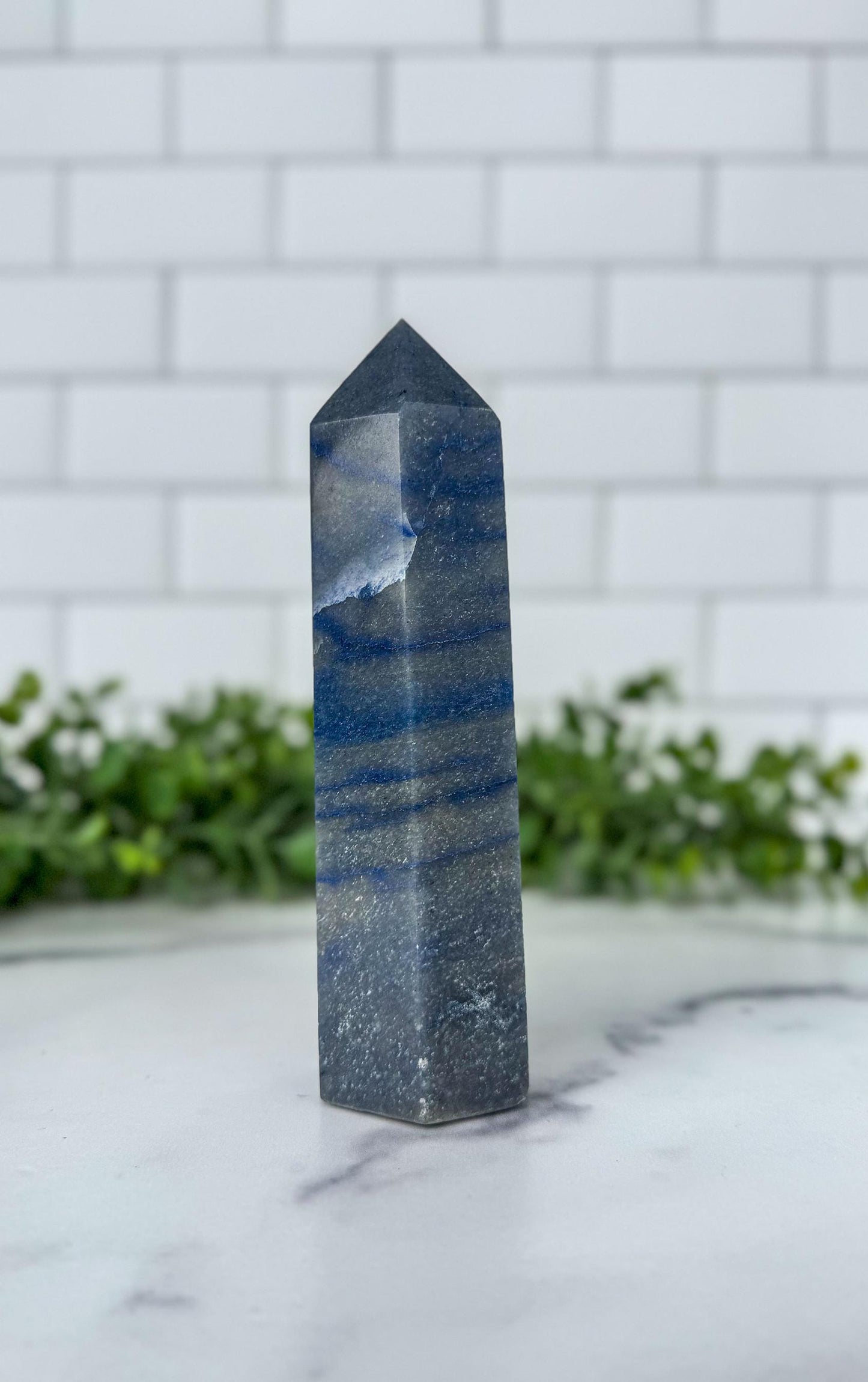 Blue Aventurine Crystal Tower, 6.5 Inch Decorative Blue Gemstone, Large 6 sided tower