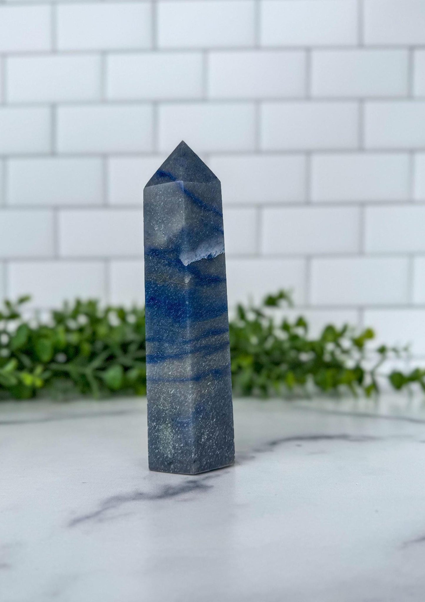 Blue Aventurine Crystal Tower, 6.5 Inch Decorative Blue Gemstone, Large 6 sided tower