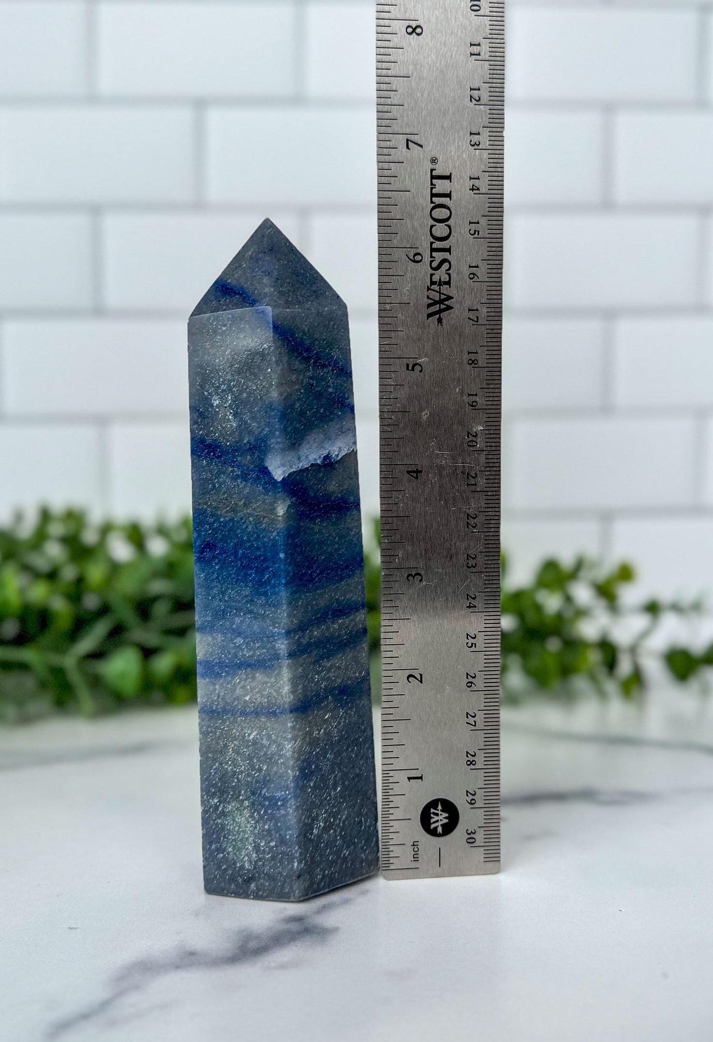 Blue Aventurine Crystal Tower, 6.5 Inch Decorative Blue Gemstone, Large 6 sided tower