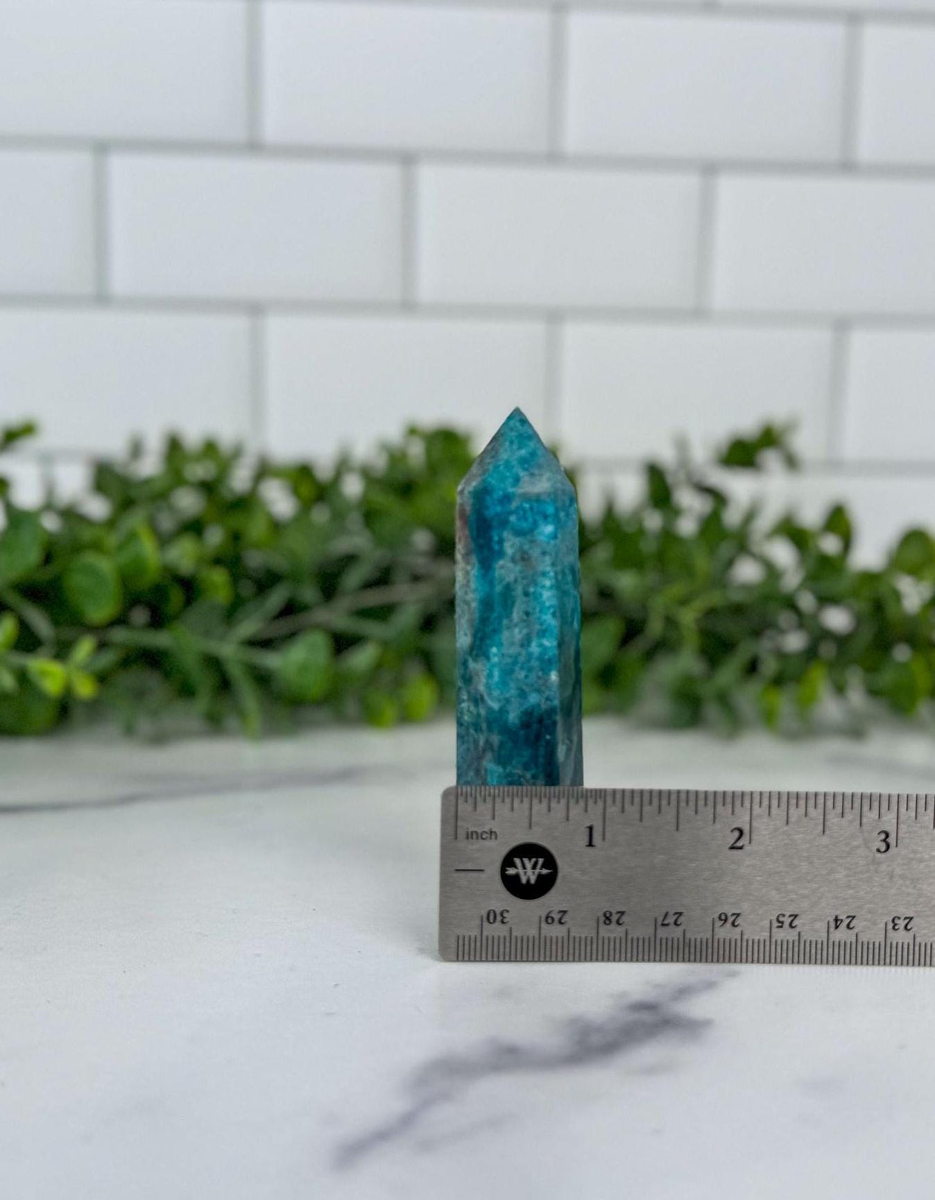 Blue Apatite Crystal Tower, 3 3/4 inch Blue Crystal Gemstone Decor for home or office. Great gift for rockhounds and crystal lovers.