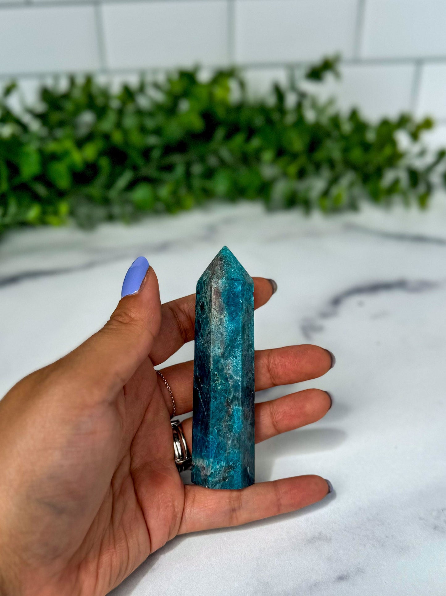 Blue Apatite Crystal Tower, 3 3/4 inch Blue Crystal Gemstone Decor for home or office. Great gift for rockhounds and crystal lovers.