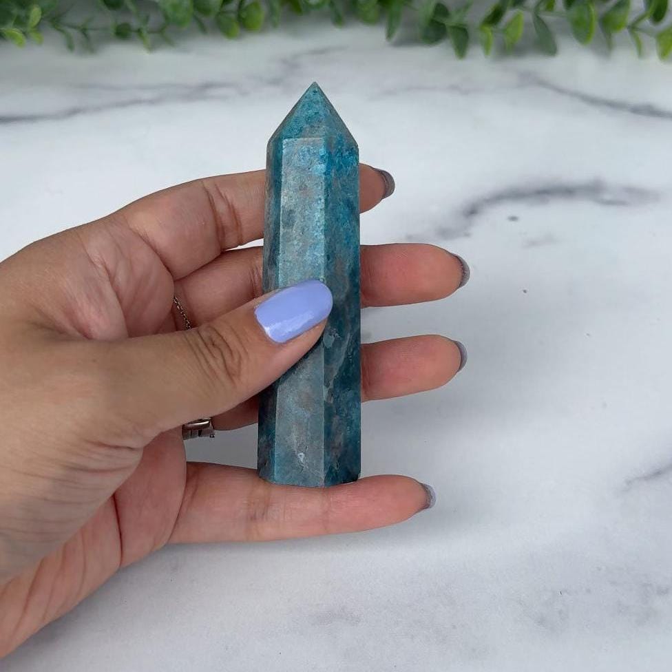 Blue Apatite Crystal Tower, 3 3/4 inch Blue Crystal Gemstone Decor for home or office. Great gift for rockhounds and crystal lovers.