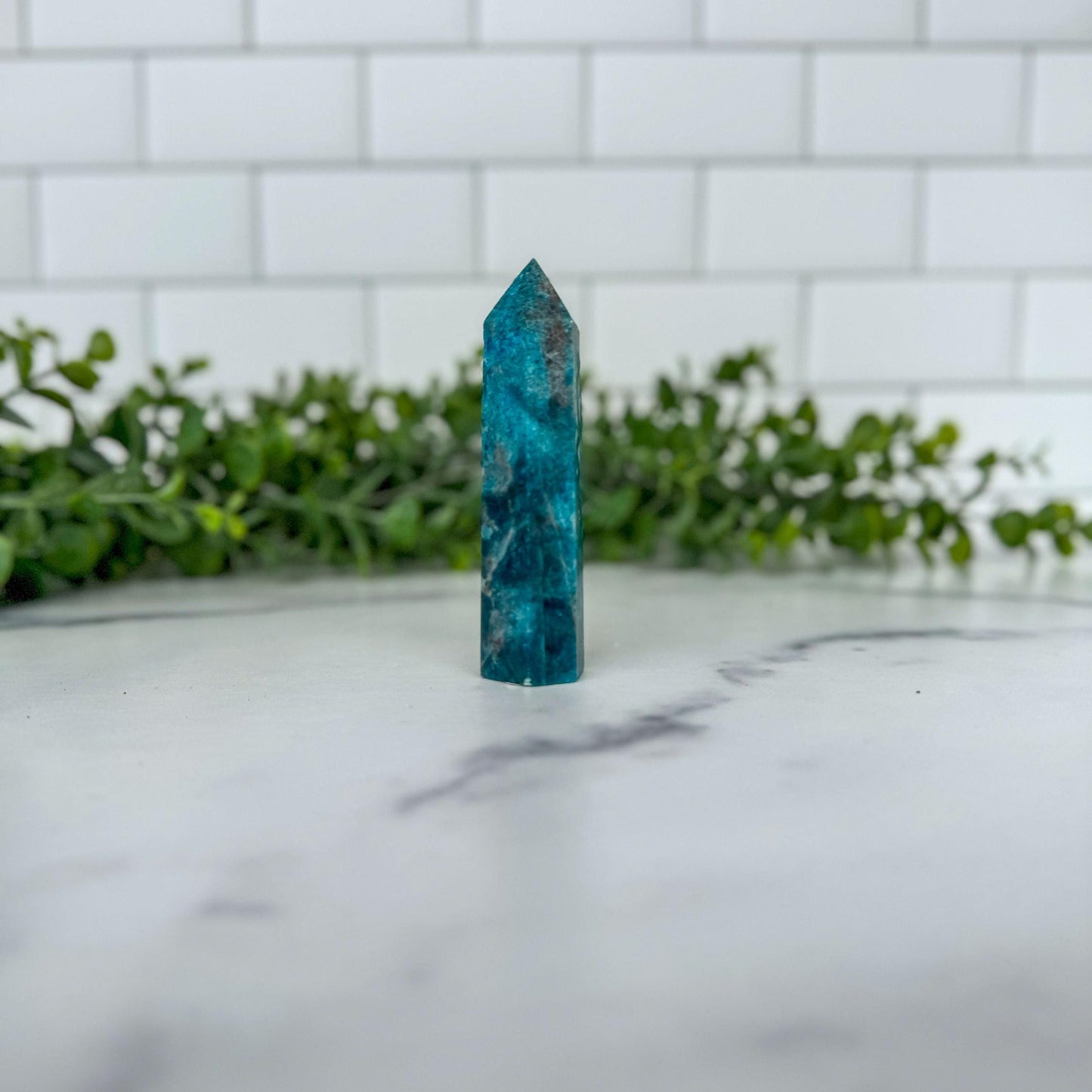 Blue Apatite Crystal Tower, 3 3/4 inch Blue Crystal Gemstone Decor for home or office. Great gift for rockhounds and crystal lovers.
