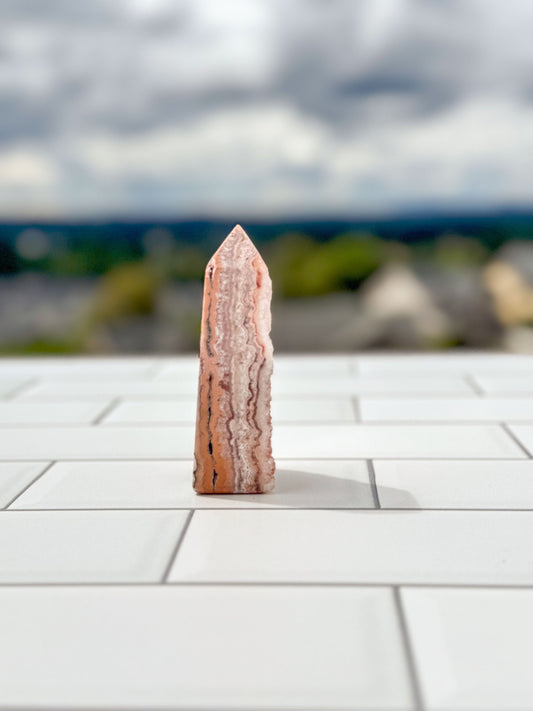 Gorgeous Pink Lace Agate Tower with Sparkling Druzy, approx 3 Inches tall, Gorgeous Decorative Gemstone perfect for a Pink Room. 4 sided