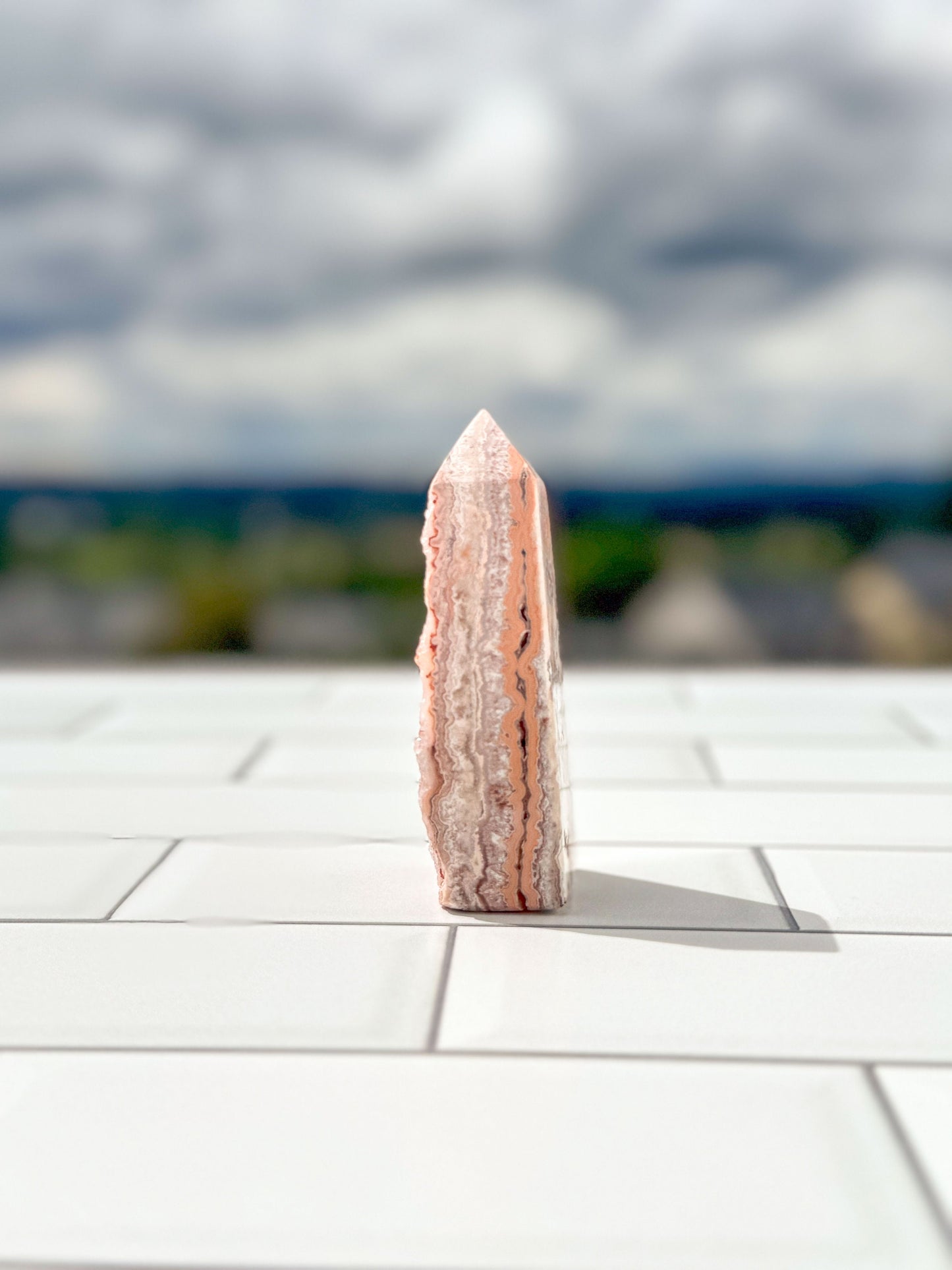 Gorgeous Pink Lace Agate Tower with Sparkling Druzy, approx 3 Inches tall, Gorgeous Decorative Gemstone perfect for a Pink Room. 4 sided