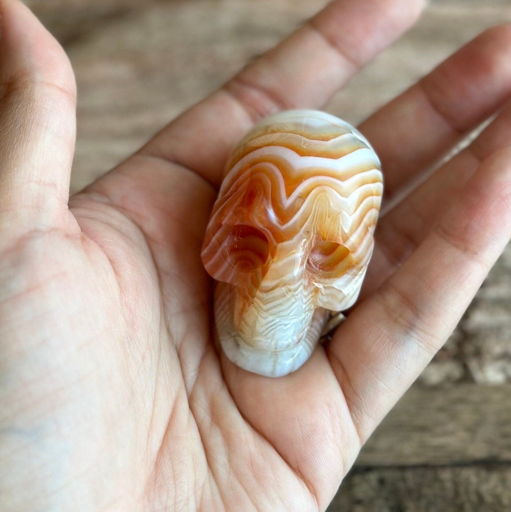 Carnelian Crystal Skull with Vibrant Banding | Banded Carnelian Agate Gemstone Skull | Unique Orange and White Halloween Decor (CarnSkull-1)