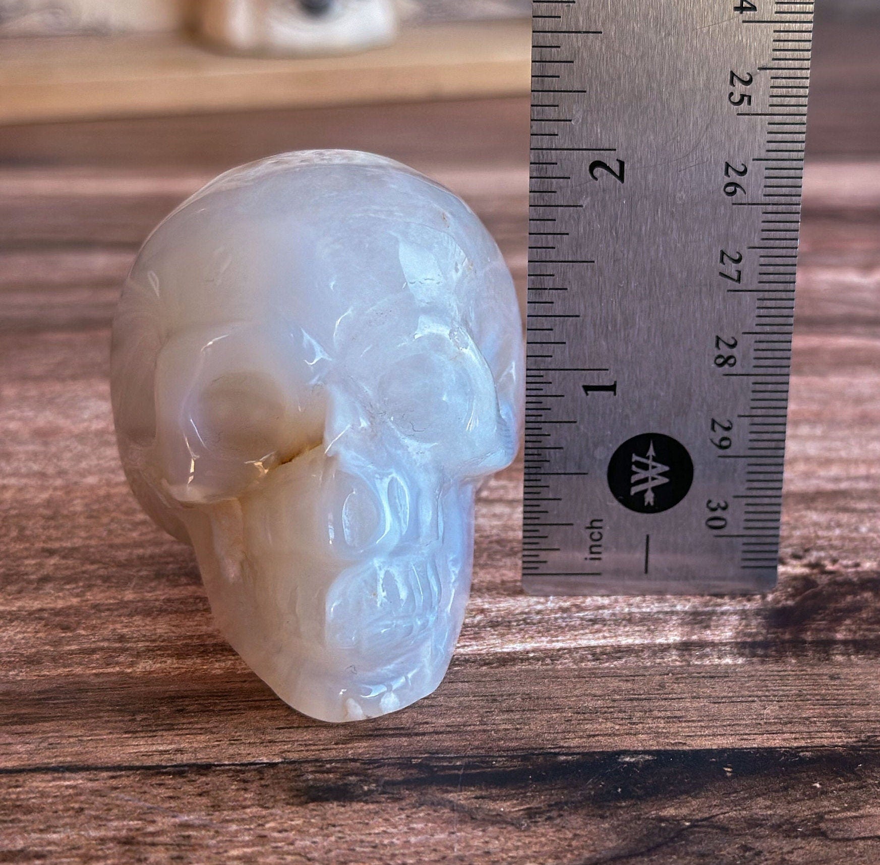 Flower Agate and Quartz Crystal Skull with soft subtle banding, Beautiful Agate Crystal Skull, Neutral tone decor (ChalSKULL-1)