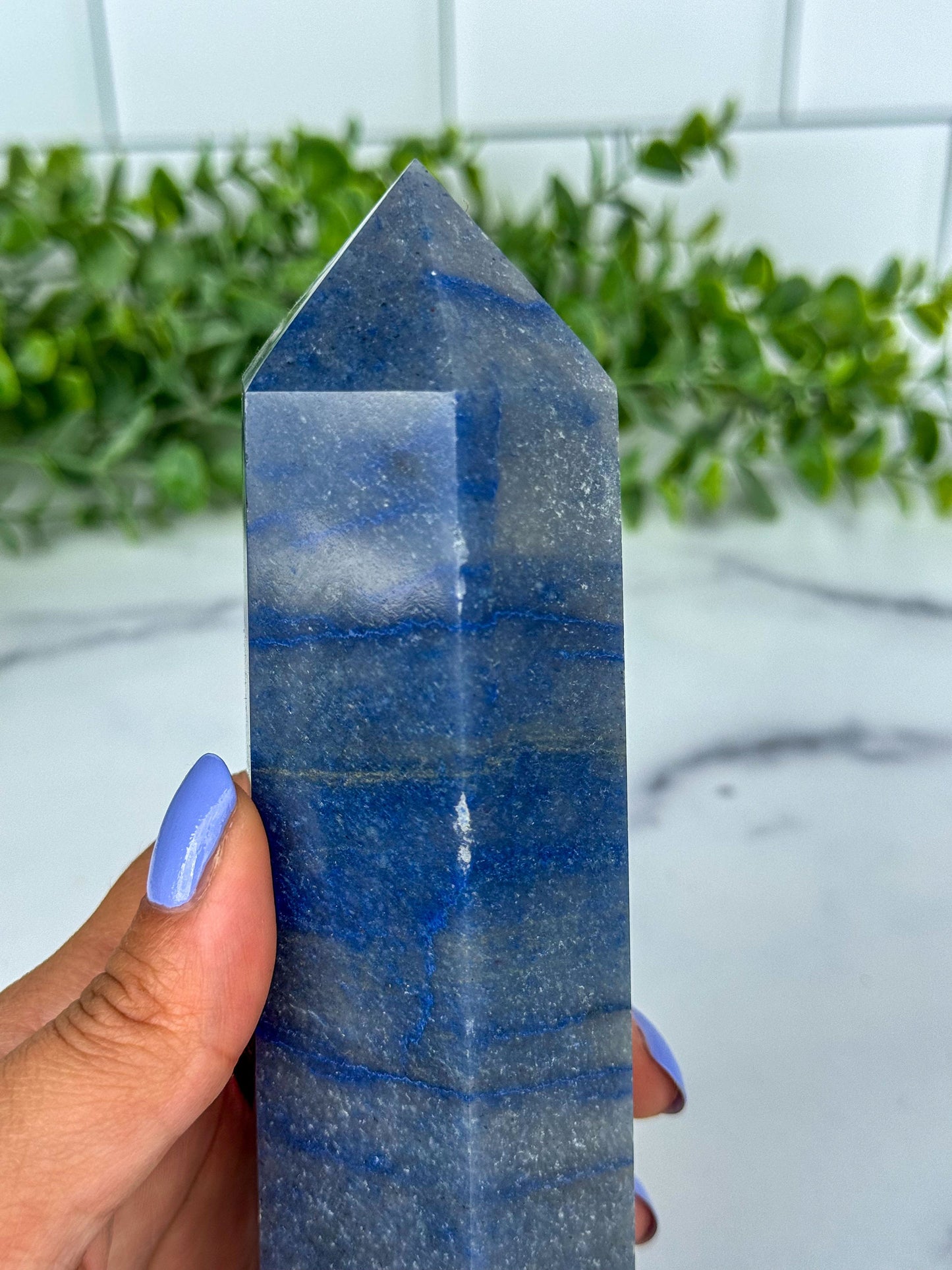 Blue Aventurine Crystal Tower, 6.5 Inch Decorative Blue Gemstone, Large 6 sided tower