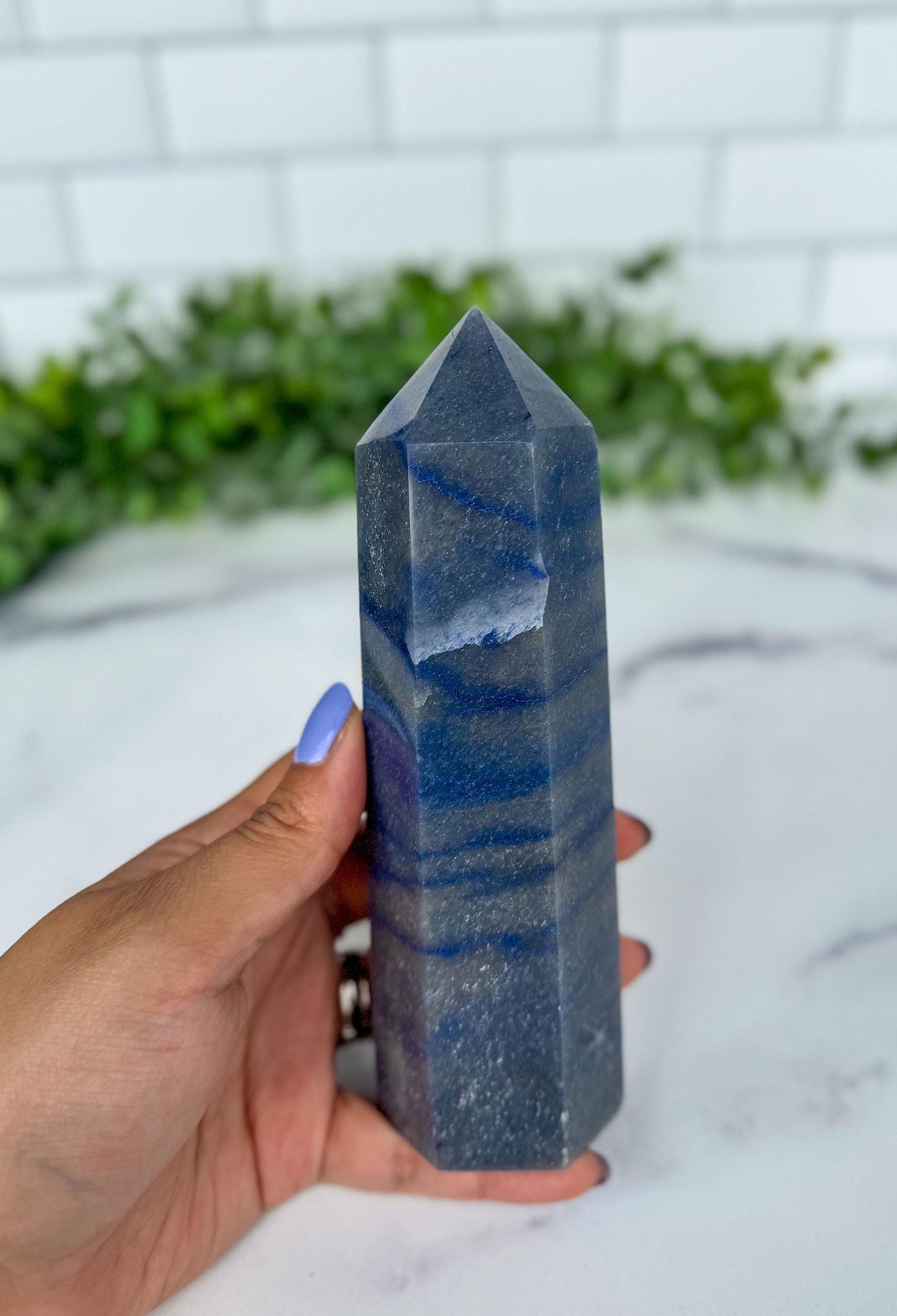 Blue Aventurine Crystal Tower, 6.5 Inch Decorative Blue Gemstone, Large 6 sided tower
