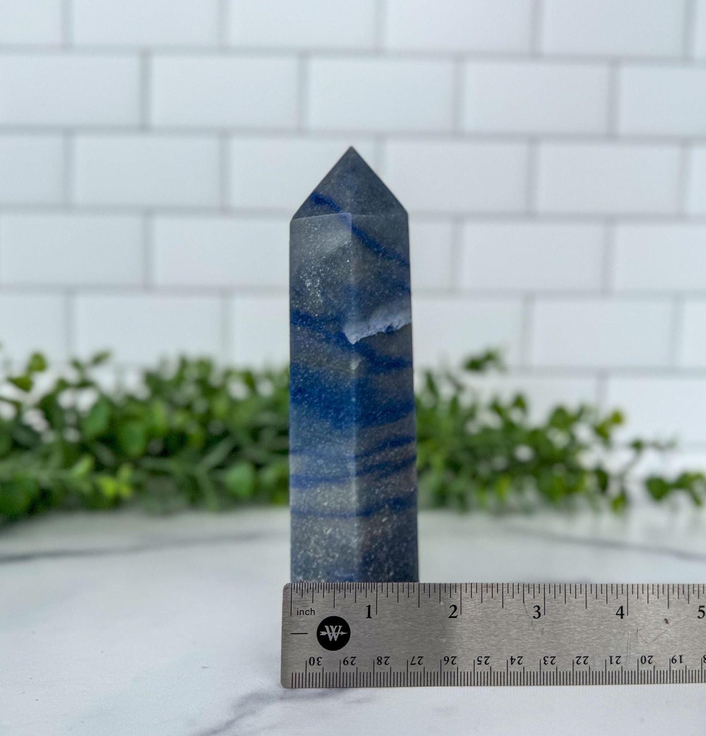 Blue Aventurine Crystal Tower, 6.5 Inch Decorative Blue Gemstone, Large 6 sided tower