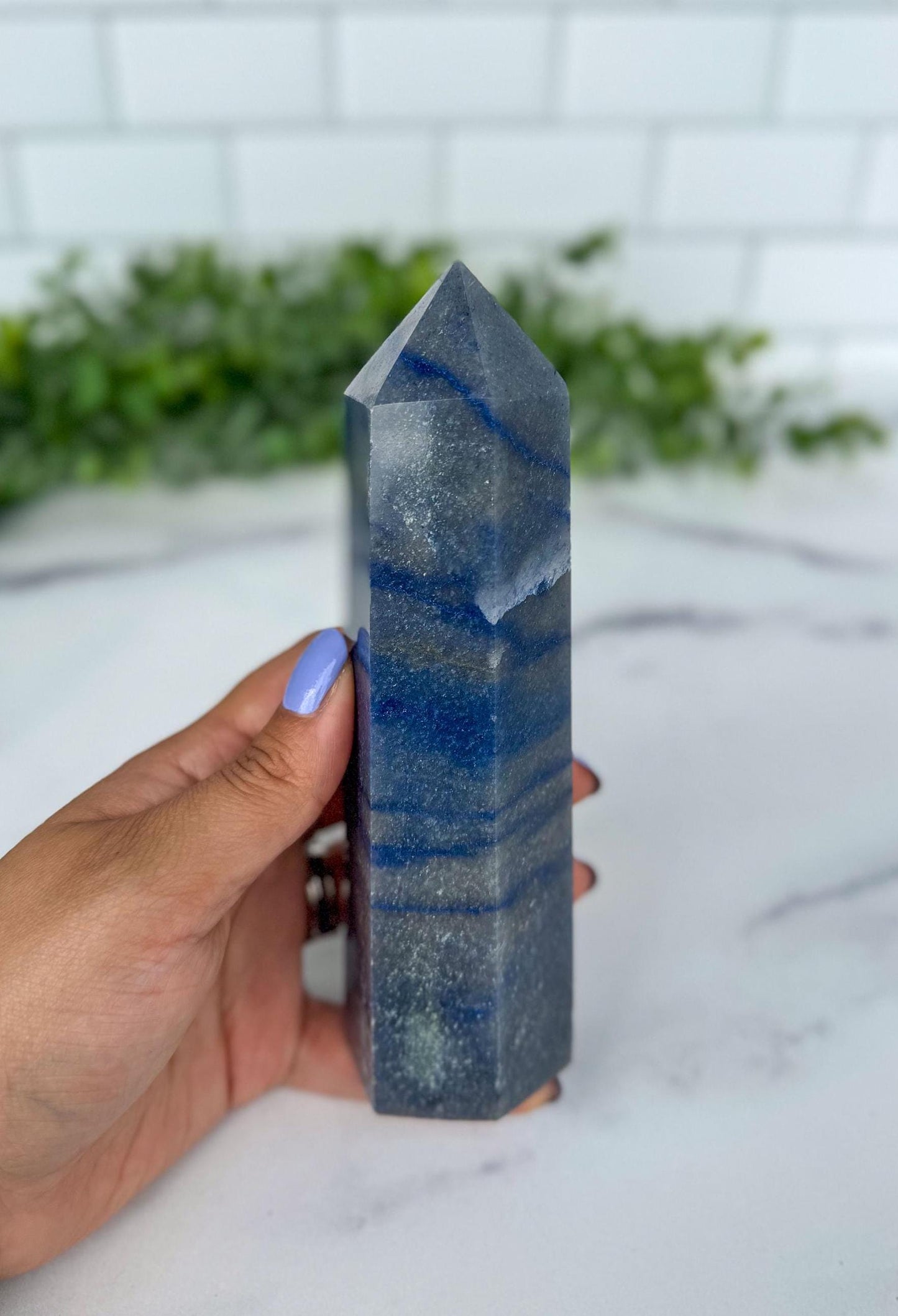 Blue Aventurine Crystal Tower, 6.5 Inch Decorative Blue Gemstone, Large 6 sided tower