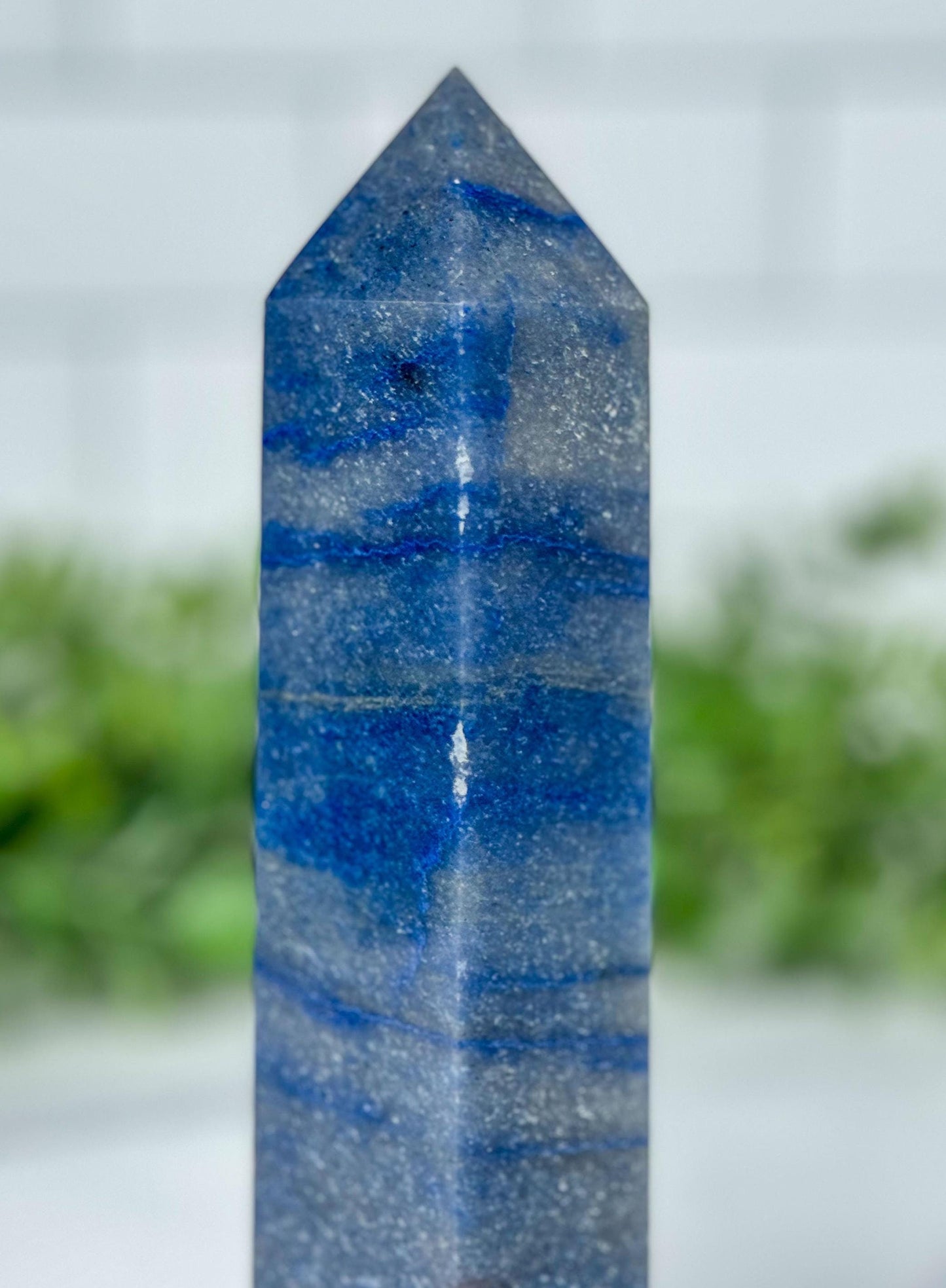 Blue Aventurine Crystal Tower, 6.5 Inch Decorative Blue Gemstone, Large 6 sided tower