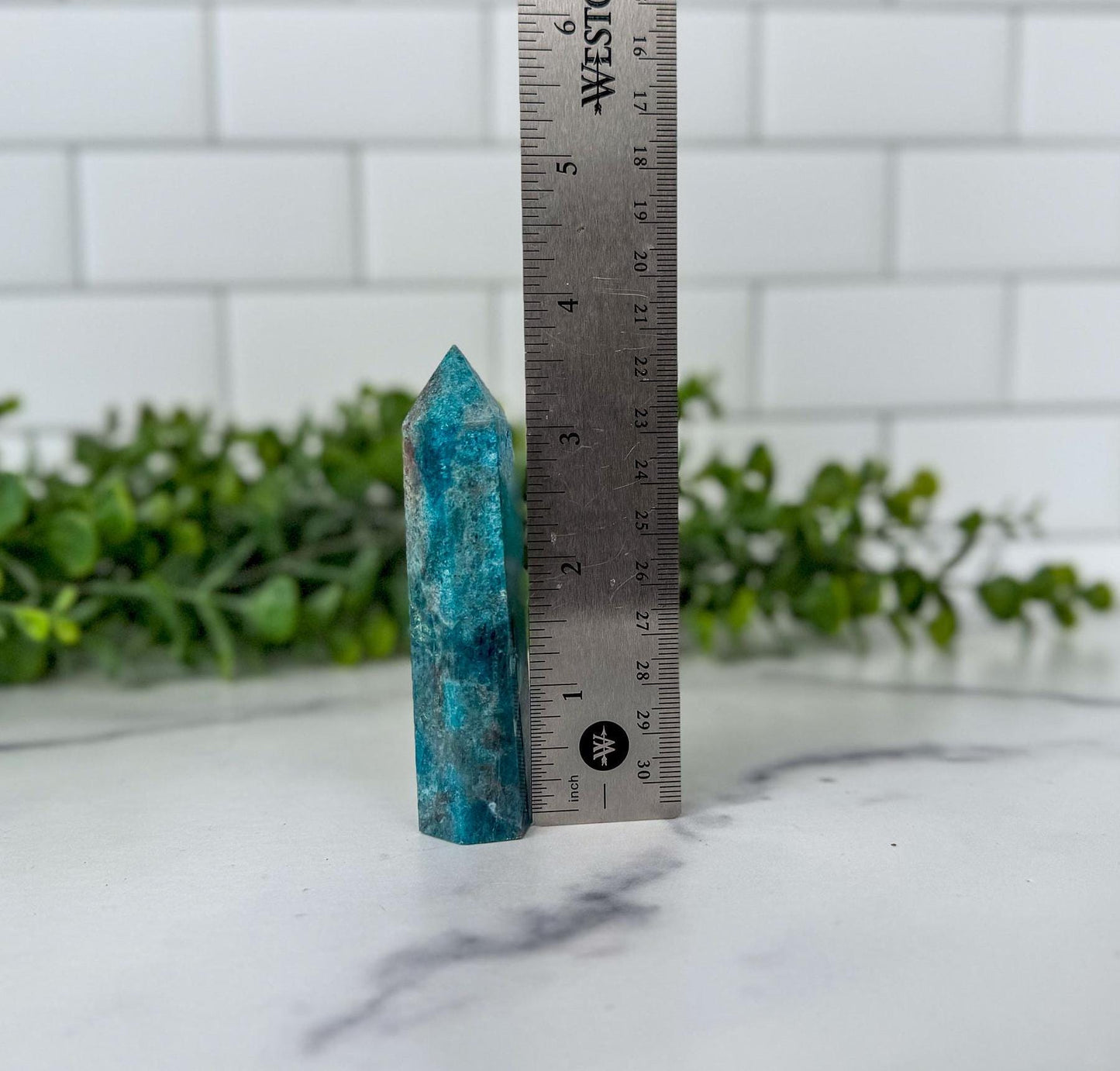 Blue Apatite Crystal Tower, 3 3/4 inch Blue Crystal Gemstone Decor for home or office. Great gift for rockhounds and crystal lovers.