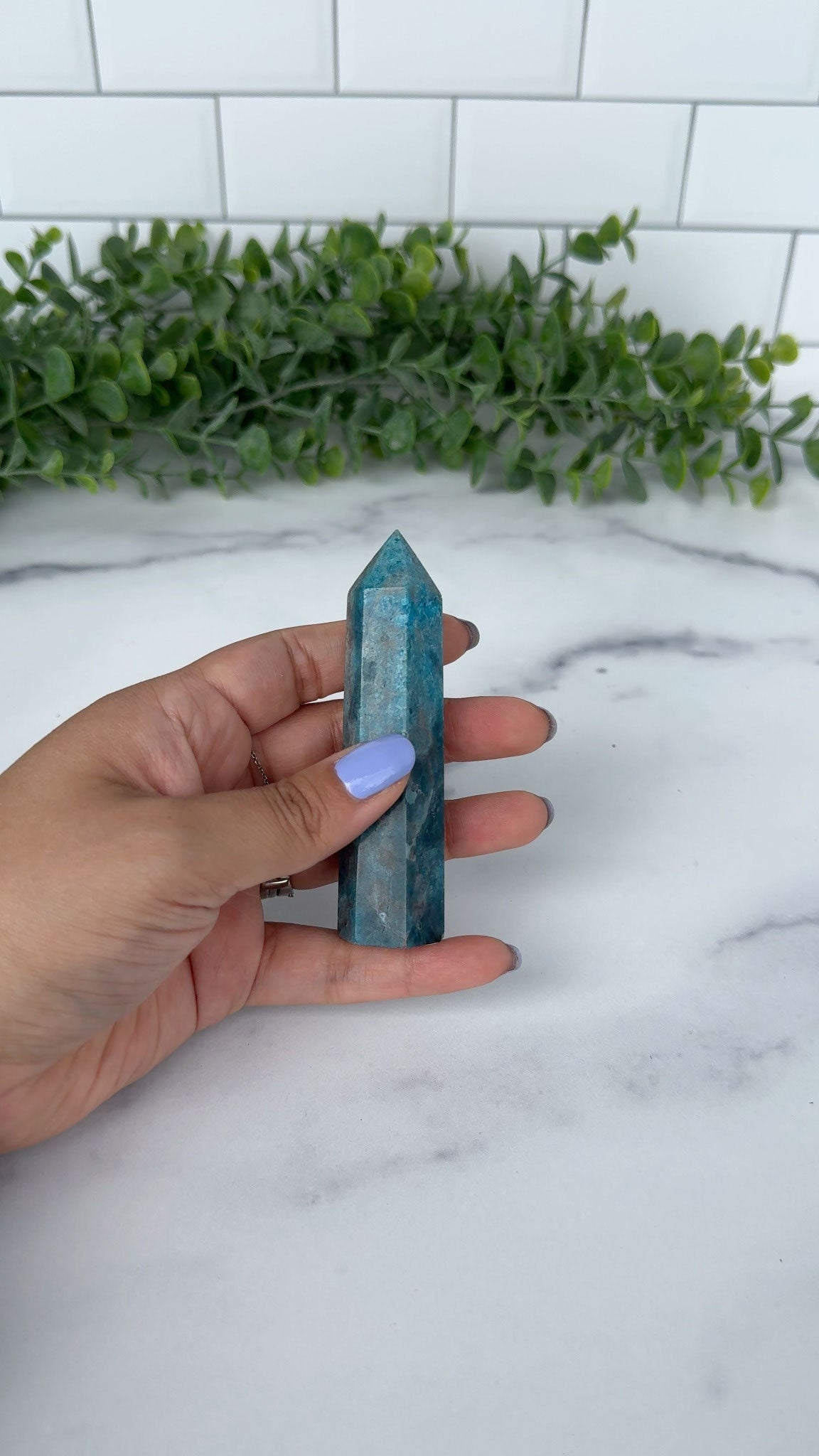 Blue Apatite Crystal Tower, 3 3/4 inch Blue Crystal Gemstone Decor for home or office. Great gift for rockhounds and crystal lovers.