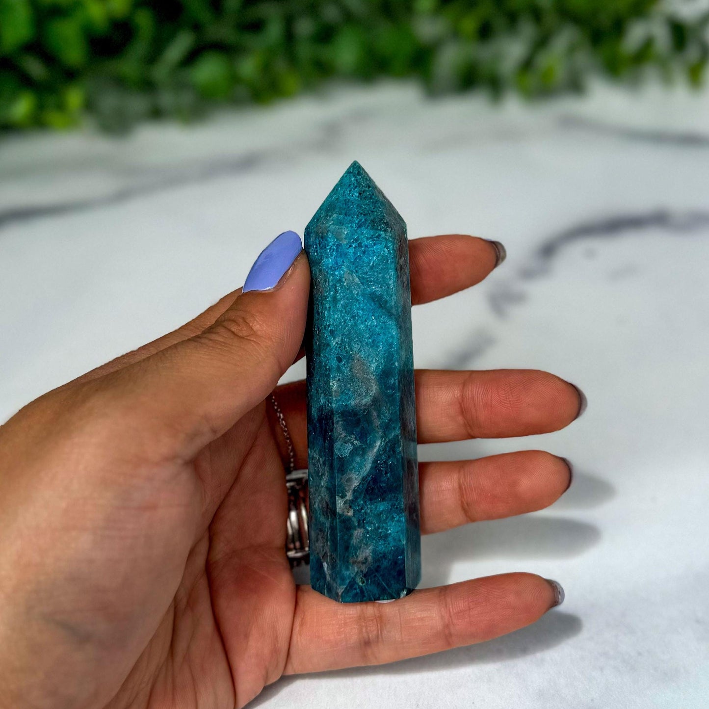 Blue Apatite Crystal Tower, 3 3/4 inch Blue Crystal Gemstone Decor for home or office. Great gift for rockhounds and crystal lovers.