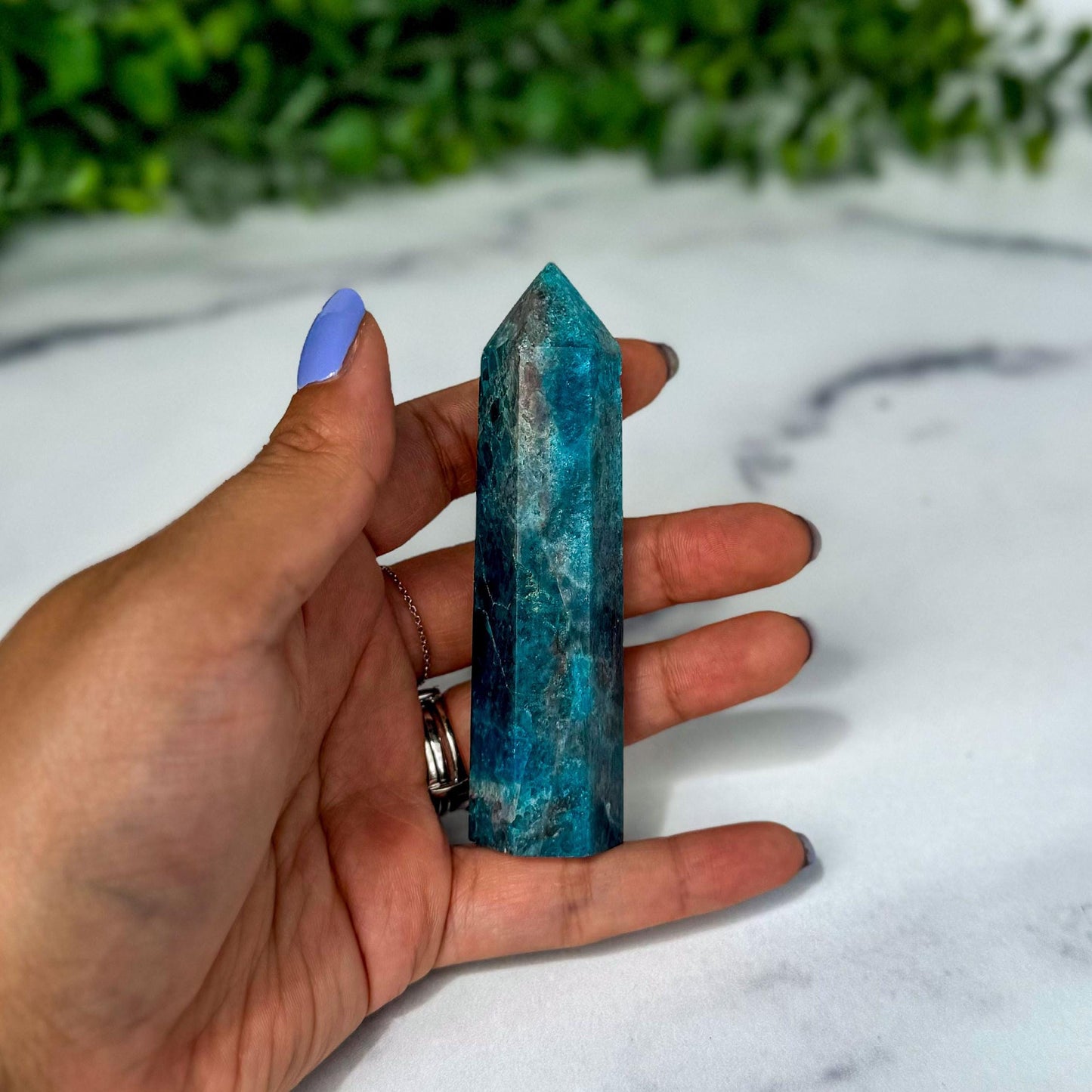 Blue Apatite Crystal Tower, 3 3/4 inch Blue Crystal Gemstone Decor for home or office. Great gift for rockhounds and crystal lovers.