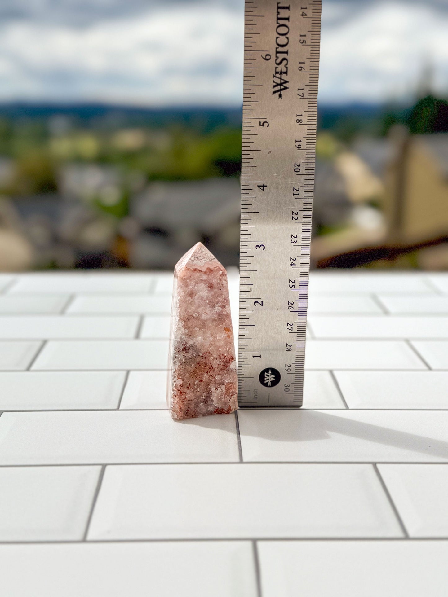 Gorgeous Pink Lace Agate Tower with Sparkling Druzy, approx 3 Inches tall, Gorgeous Decorative Gemstone perfect for a Pink Room. 4 sided