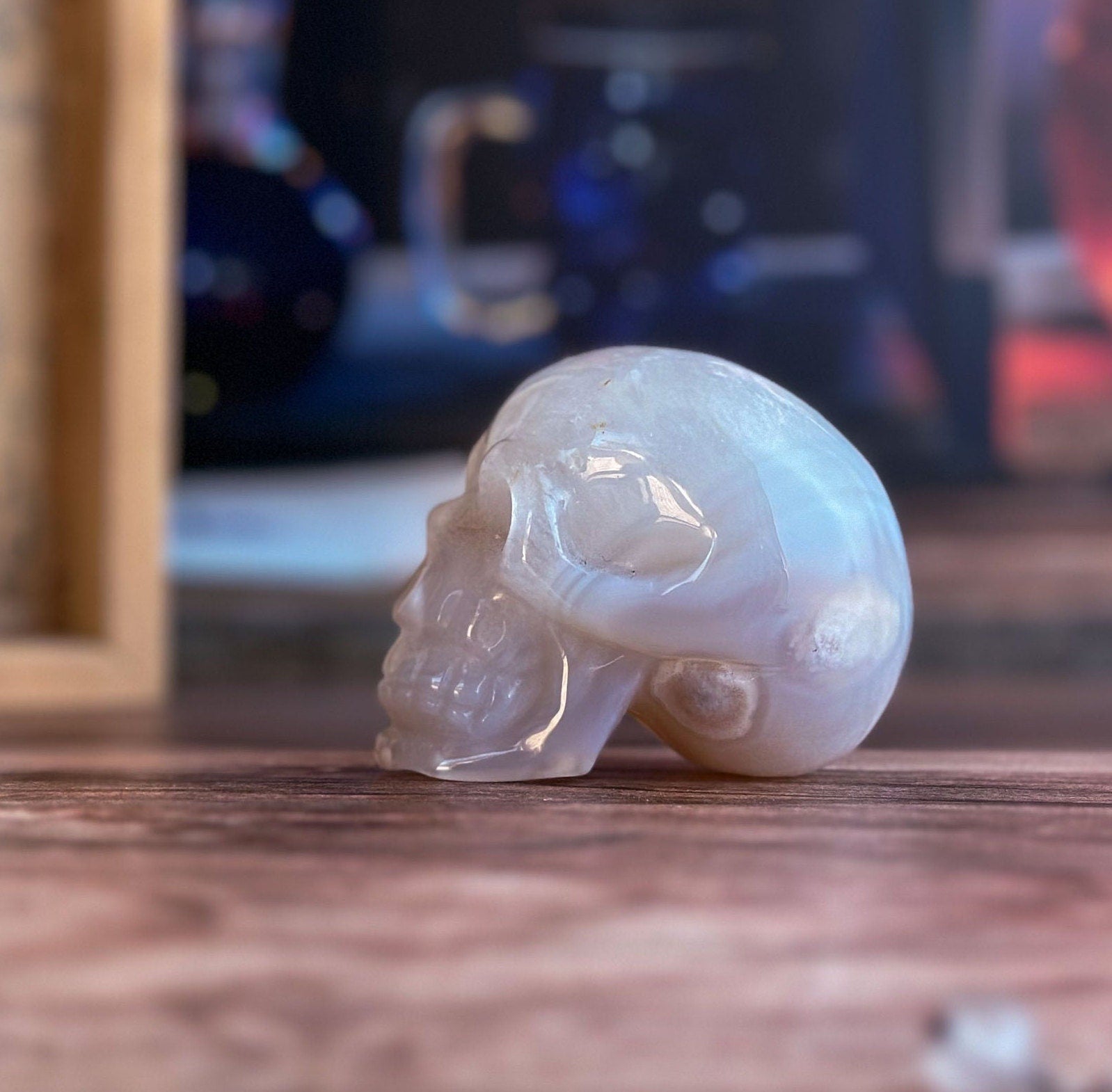 Flower Agate and Quartz Crystal Skull with soft subtle banding, Beautiful Agate Crystal Skull, Neutral tone decor (ChalSKULL-1)