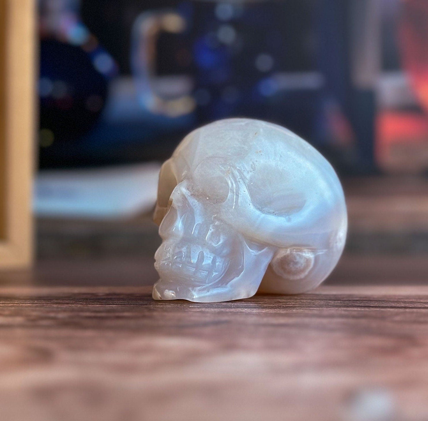 Flower Agate and Quartz Crystal Skull with soft subtle banding, Beautiful Agate Crystal Skull, Neutral tone decor (ChalSKULL-1)