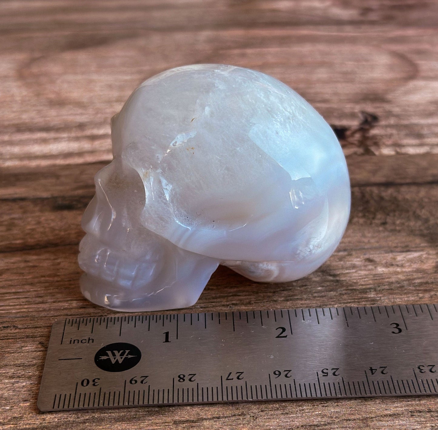 Flower Agate and Quartz Crystal Skull with soft subtle banding, Beautiful Agate Crystal Skull, Neutral tone decor (ChalSKULL-1)