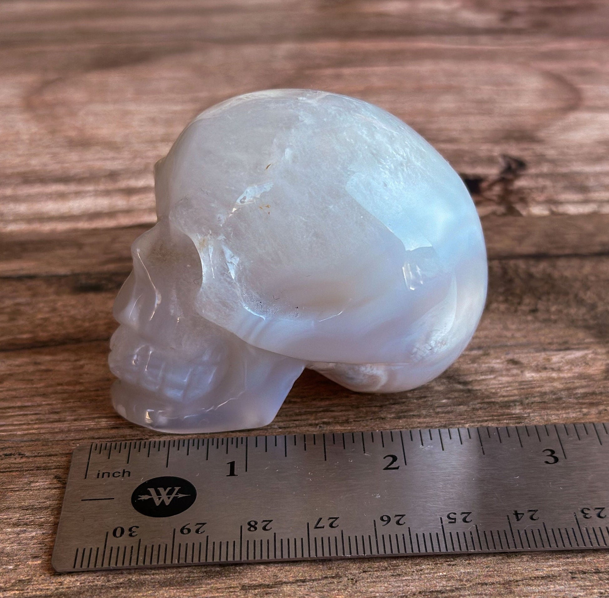 Flower Agate and Quartz Crystal Skull with soft subtle banding, Beautiful Agate Crystal Skull, Neutral tone decor (ChalSKULL-1)