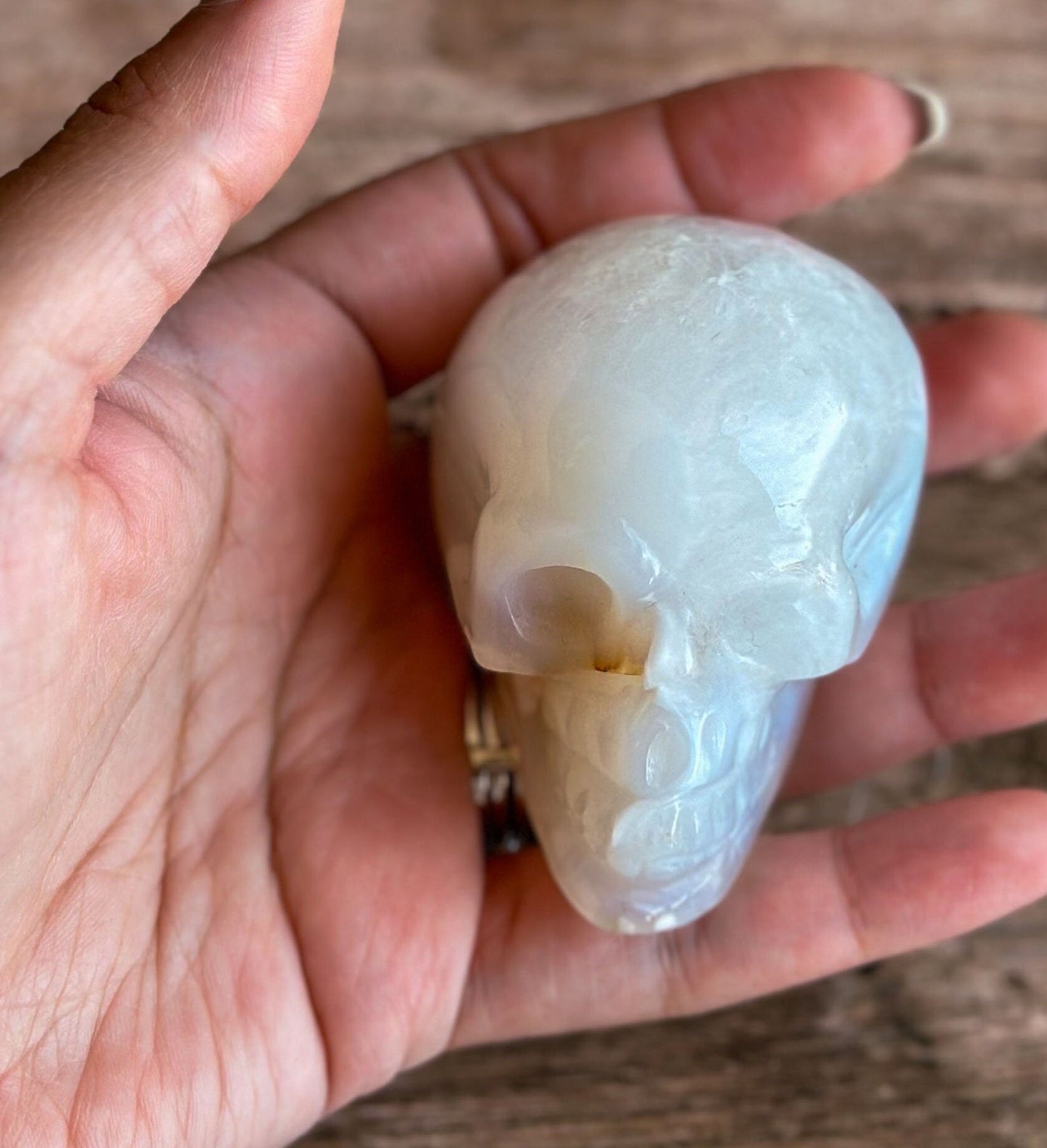 Flower Agate and Quartz Crystal Skull with soft subtle banding, Beautiful Agate Crystal Skull, Neutral tone decor (ChalSKULL-1)