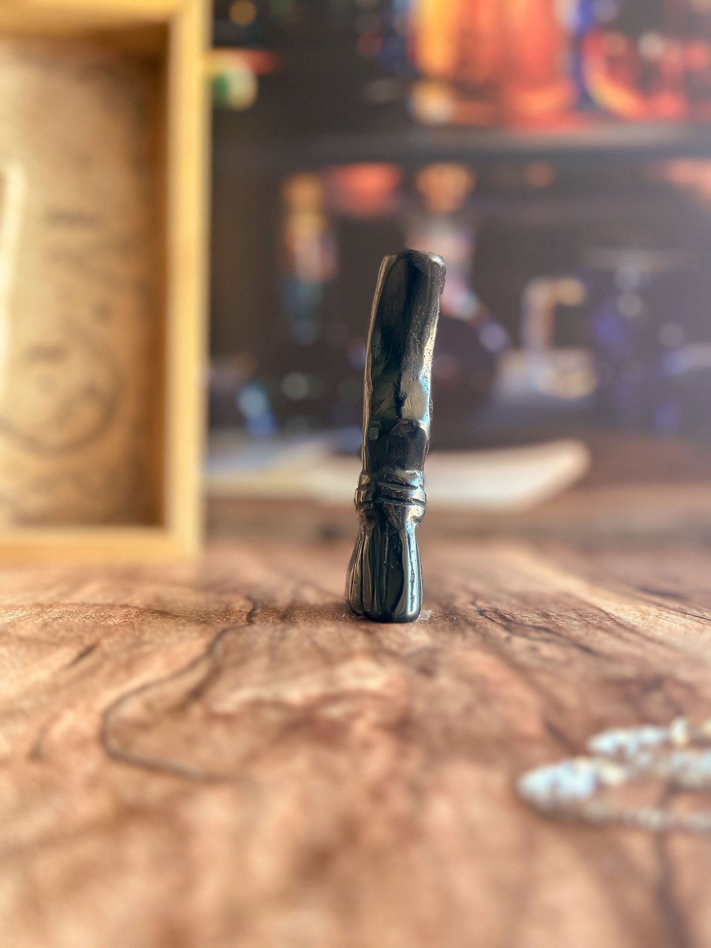 Silver Sheen Obsidian Witches Broom Carving | Handcrafted Gemstone Broomstick | Unique Witchy Decor