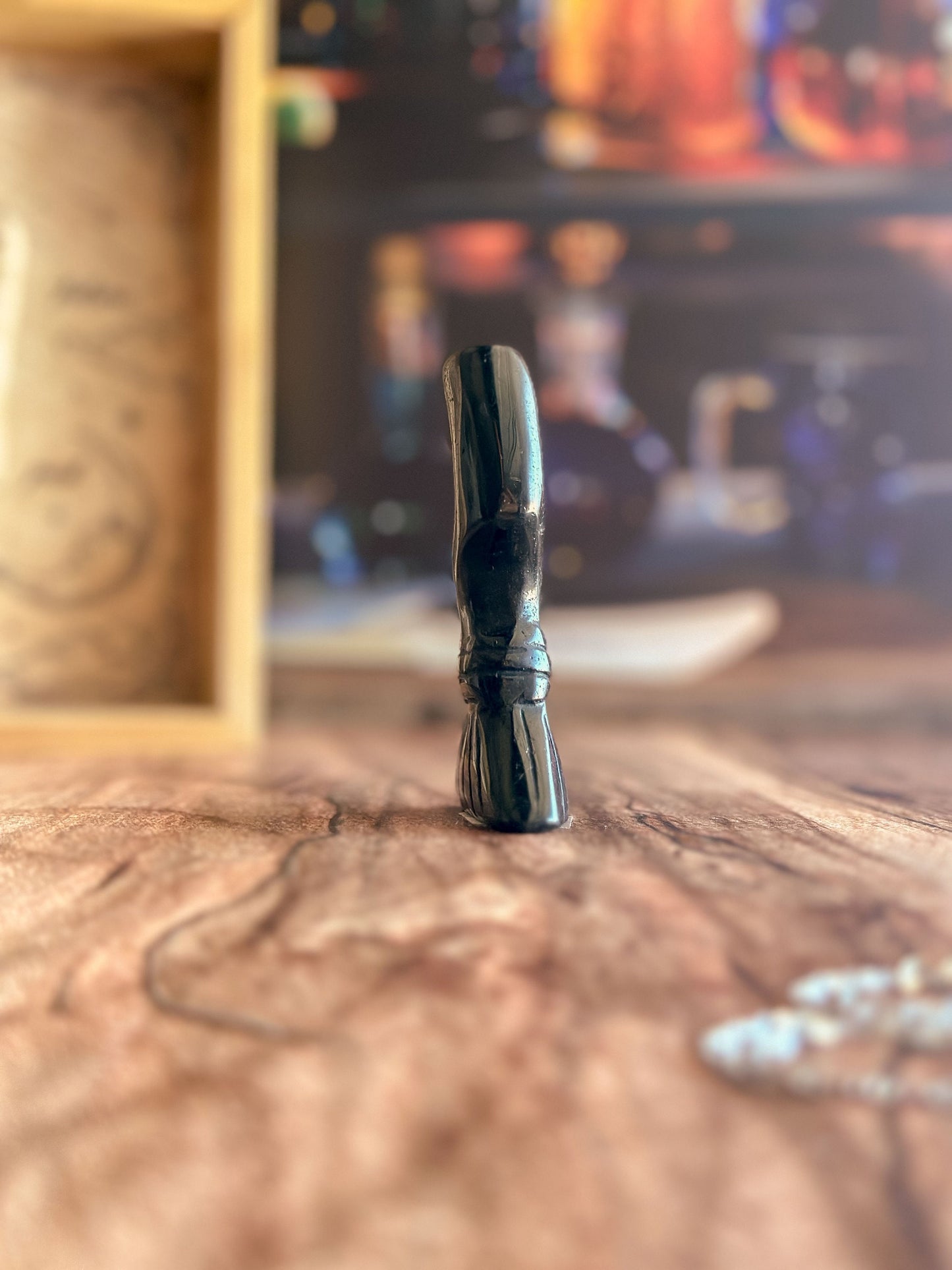 Silver Sheen Obsidian Witches Broom Carving | Handcrafted Gemstone Broomstick | Unique Witchy Decor
