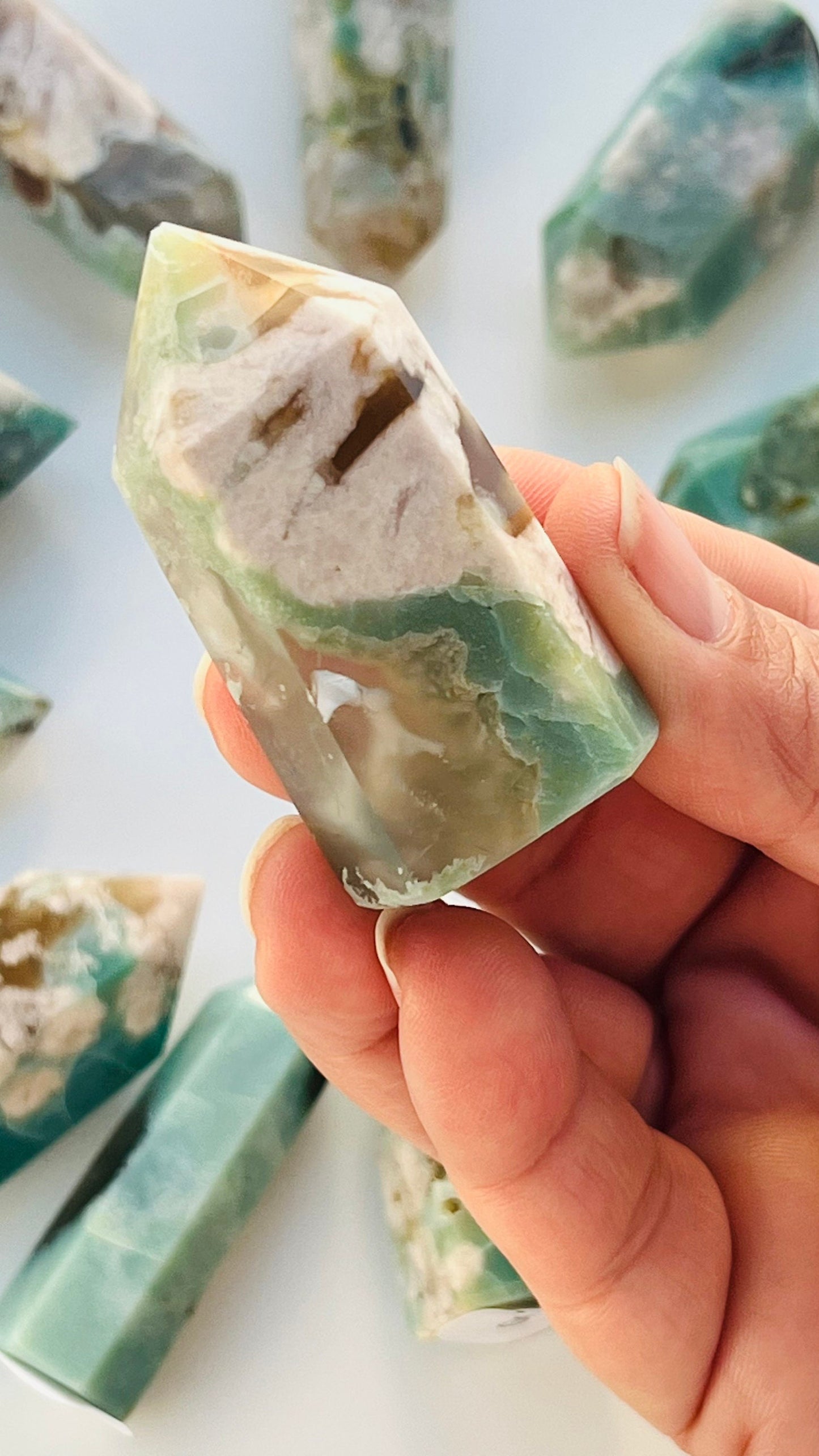 Green Flower Agate Tower approx 2" inches 44.2 grams grams|| Feminine energy || small chip tip || Heart and root chakra ||