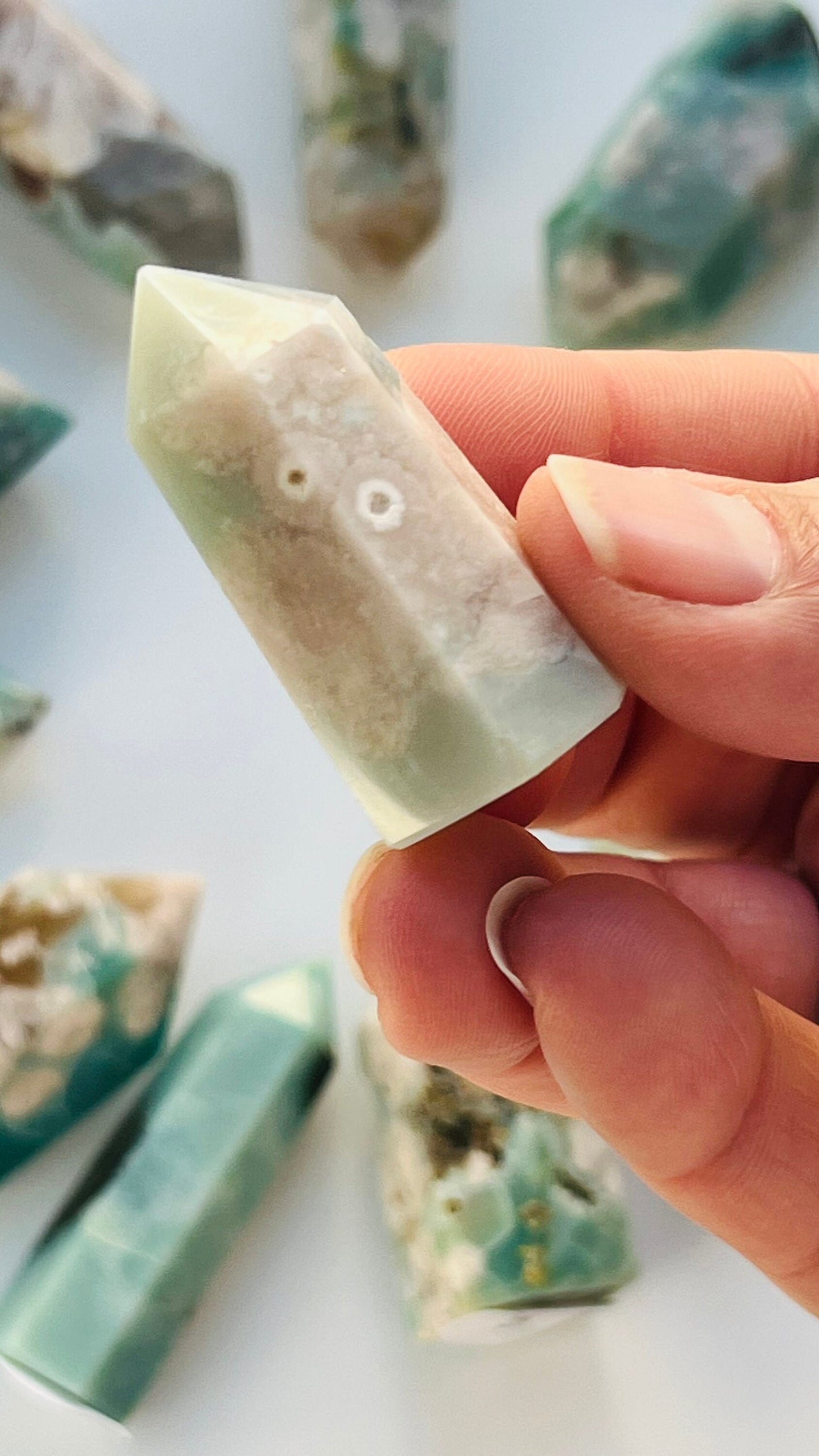 Green Flower Agate Tower 1 1/2 inches 20. grams with wonderful flower pattern, perfect for any crystal or cottage core lover